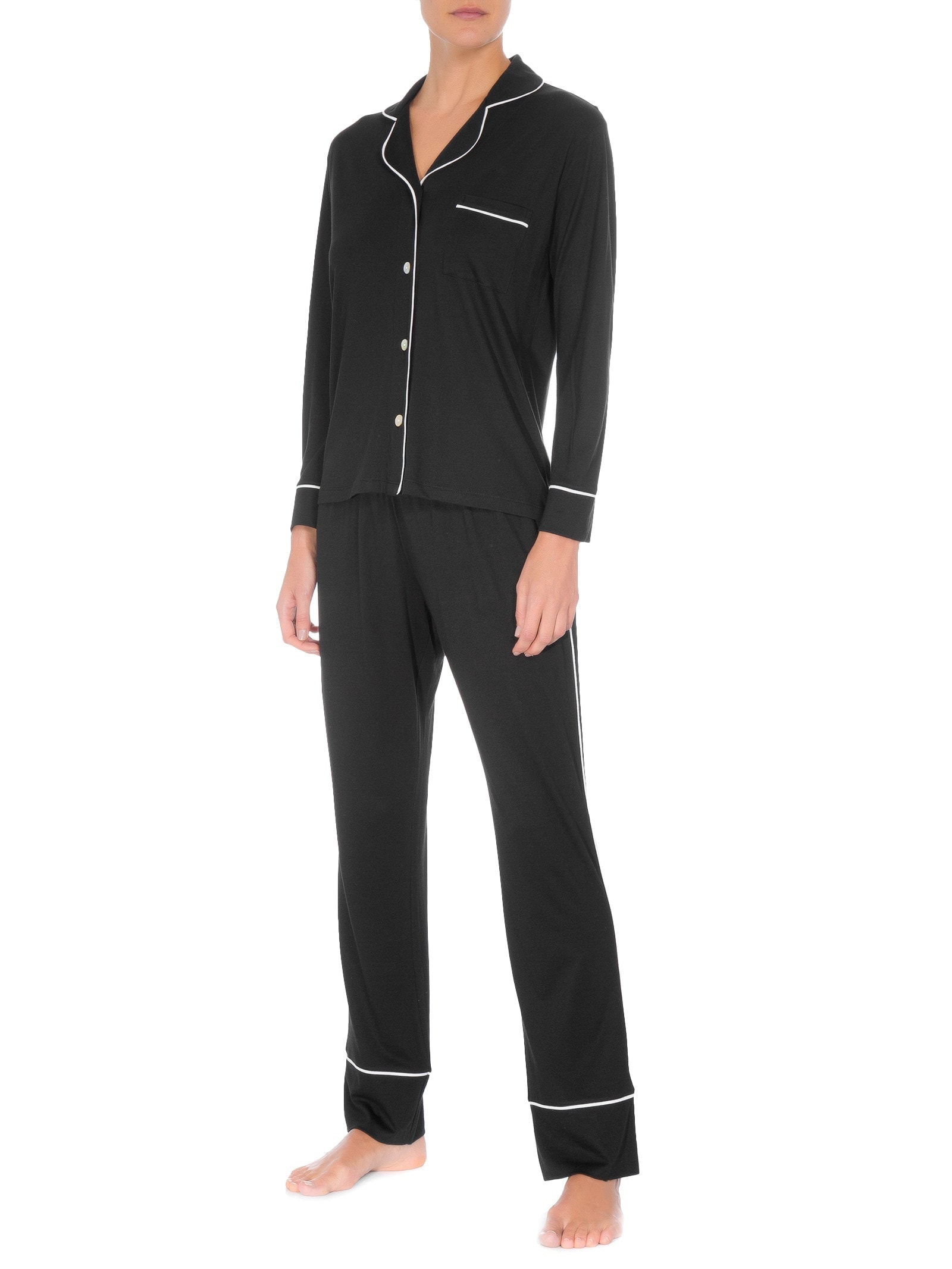 Pijama Feminino Longo Com Botão De Algodão Pima Preto '2Essential
