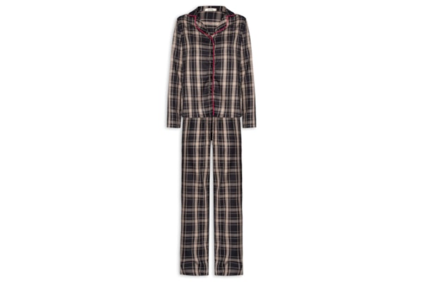 Pijama Feminino Longo com Botões em Viscose Estampada Moments - Preto