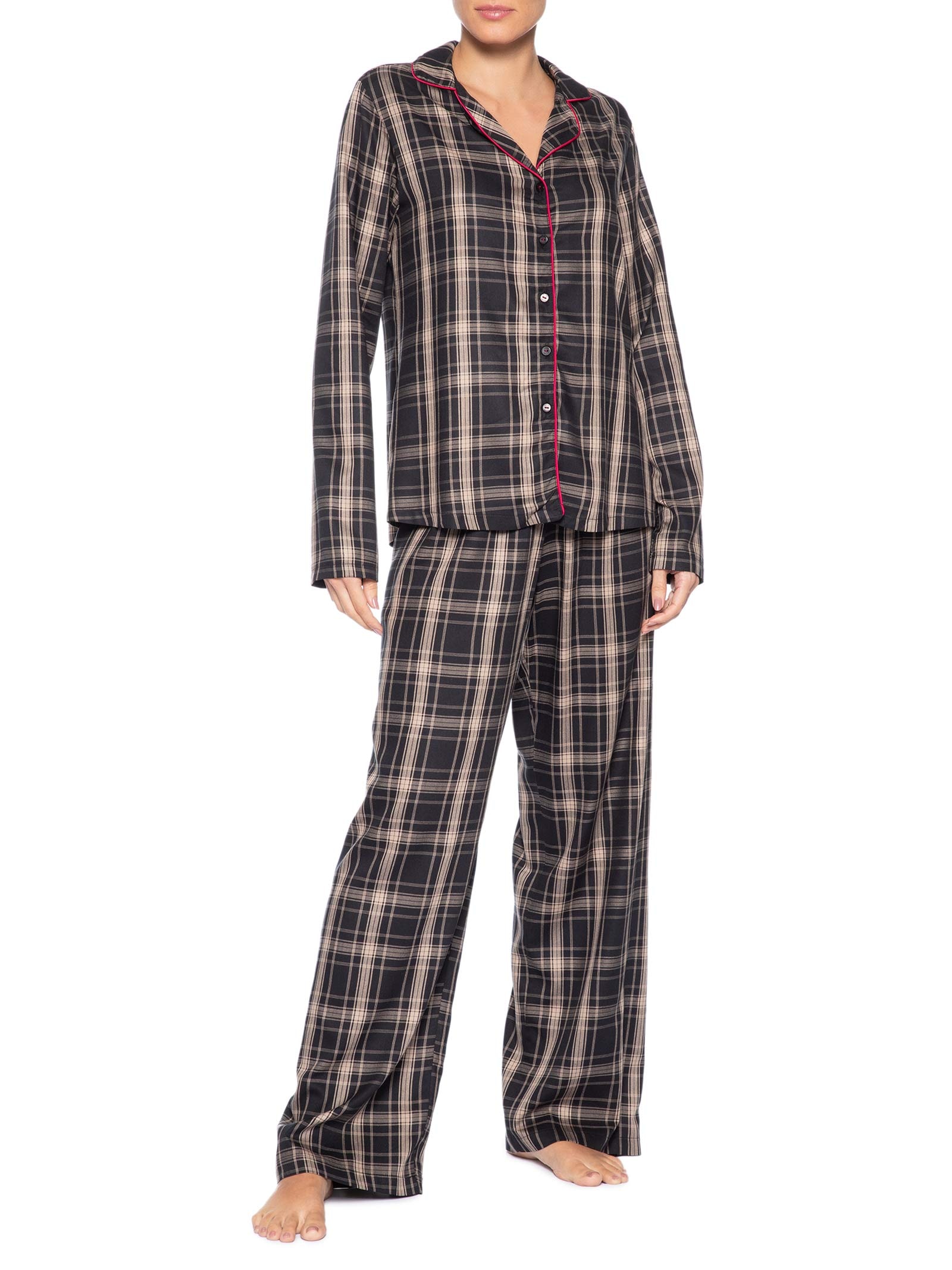 Pijama Feminino Longo com Botões em Viscose Estampada Moments Preto Hope
