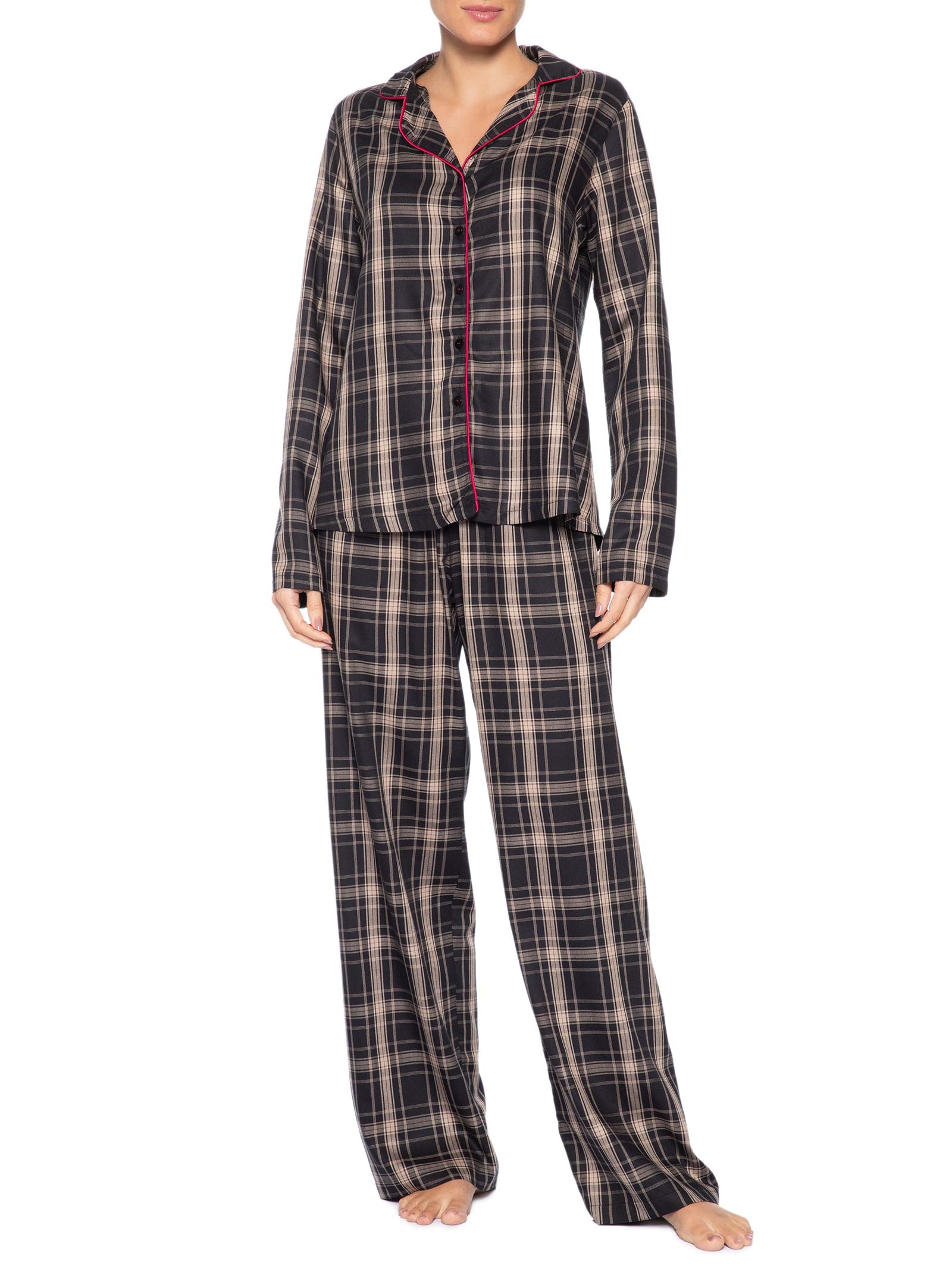 Pijama Feminino Longo com Botões em Viscose Estampada Moments Preto Hope