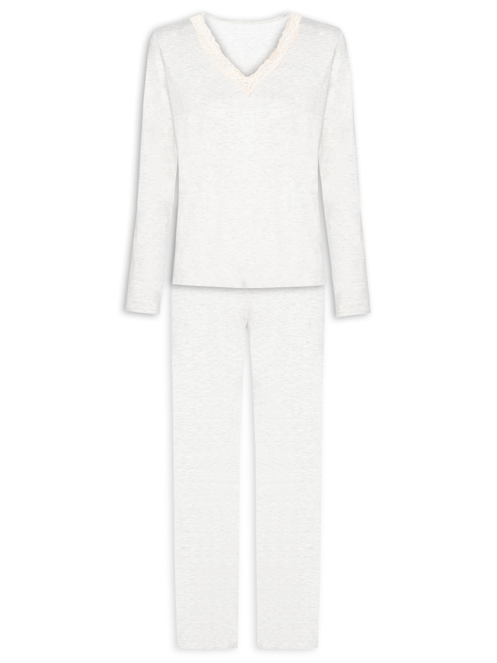 Pijama Feminino Longo Decote V Em Viscose E Renda Cinza Hope