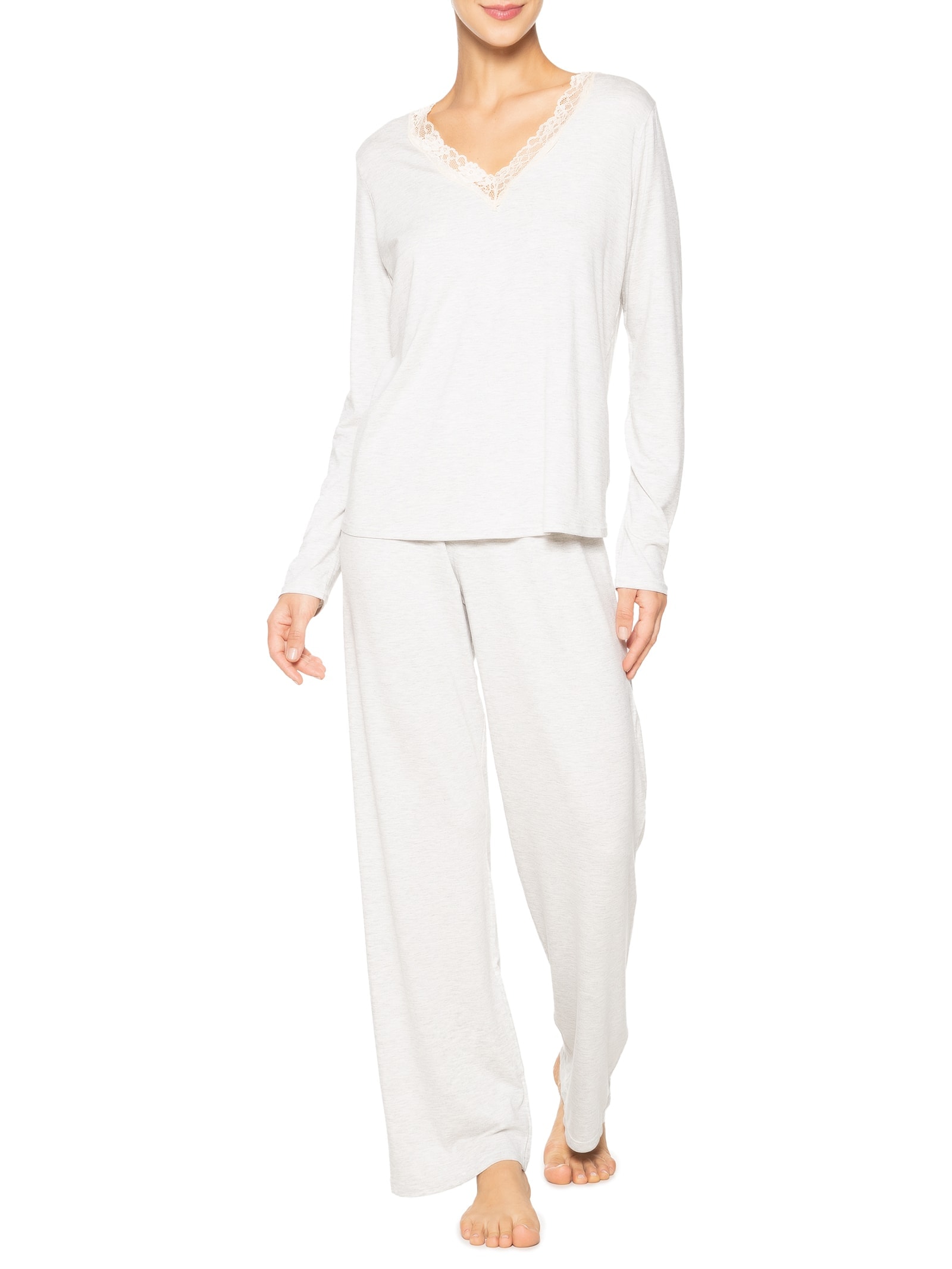 Pijama Feminino Longo Decote V Em Viscose E Renda Cinza Hope