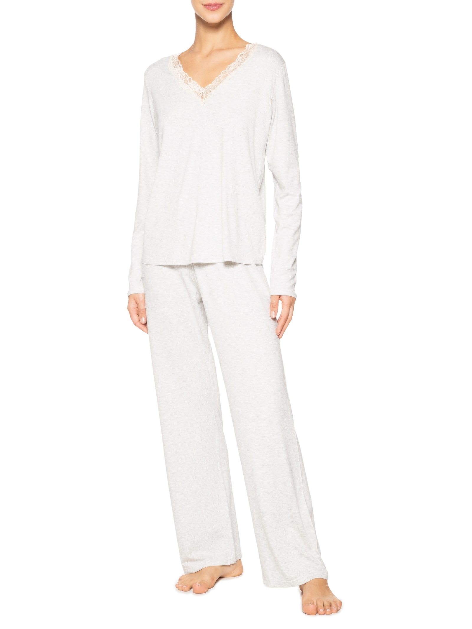 Pijama Feminino Longo Decote V Em Viscose E Renda Cinza Hope