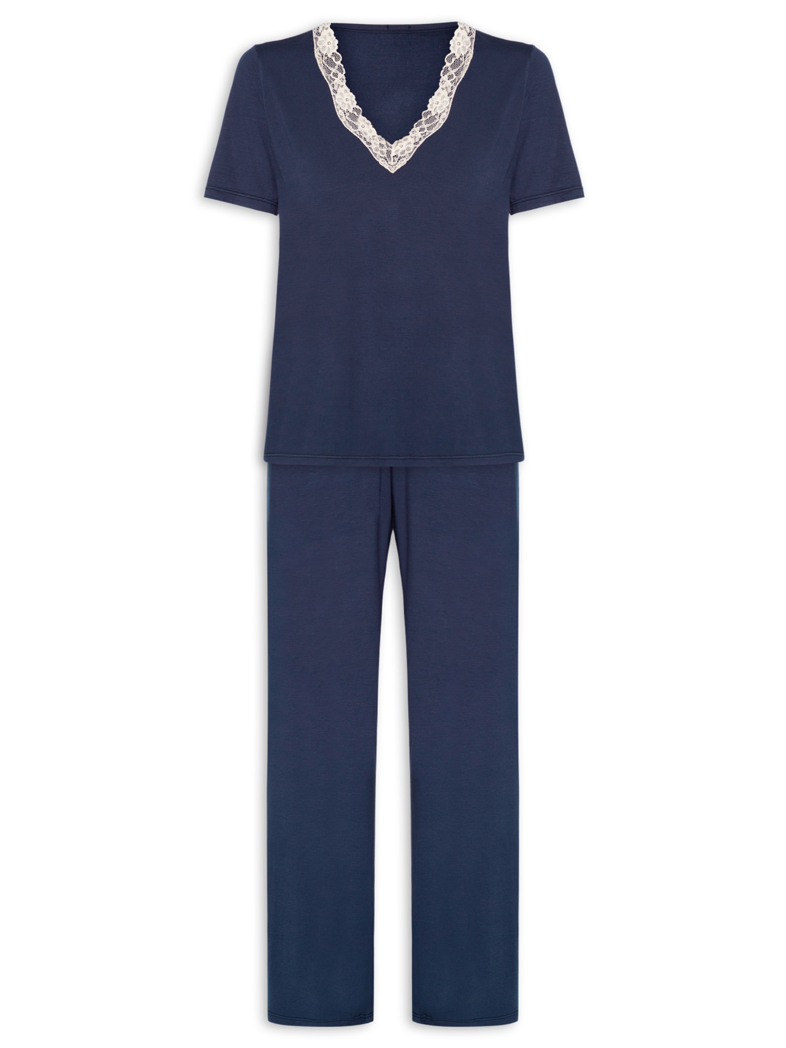 Pijama Feminino Longo Em Viscose E Renda Moon Azul Hope