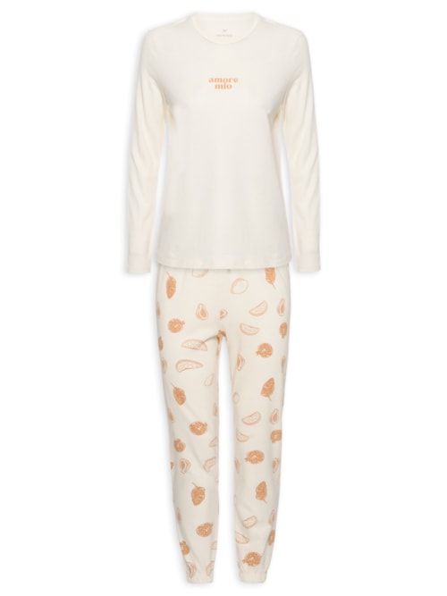Pijama Feminino Longo Estampado – Bege