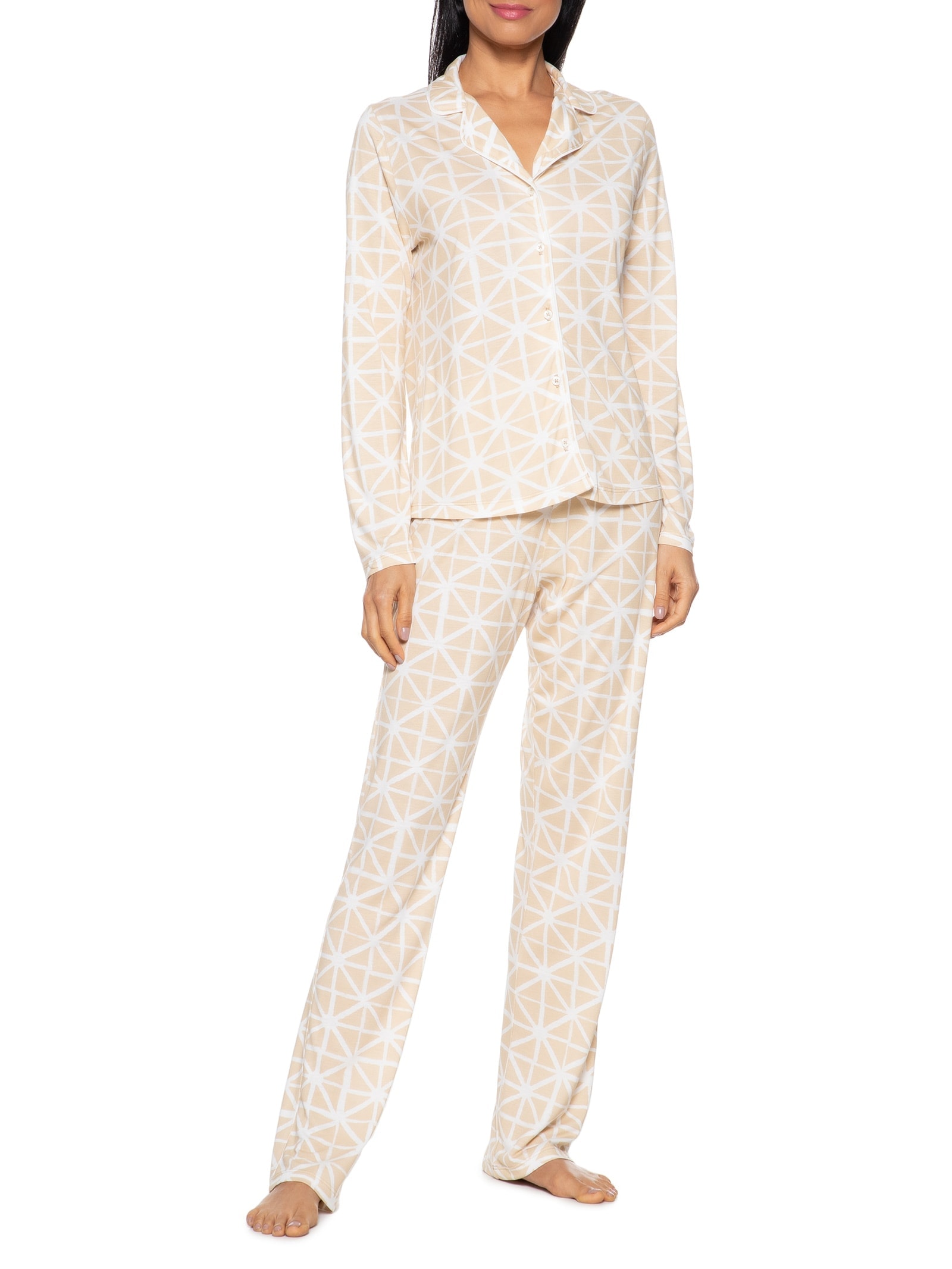 Pijama Feminino Longo Estampado Com Botões Amarelo Hering Intimates