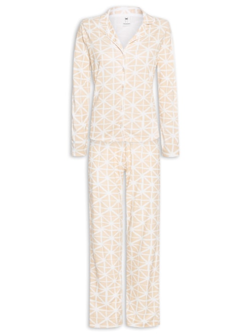 Pijama Feminino Longo Estampado Com Botões - Amarelo