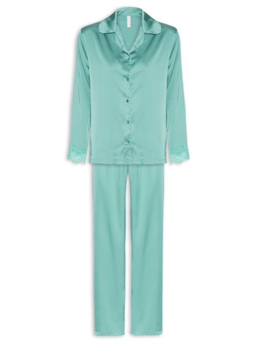 Pijama Feminino Longo Manga Longa Aberto Cetim Mia – Verde