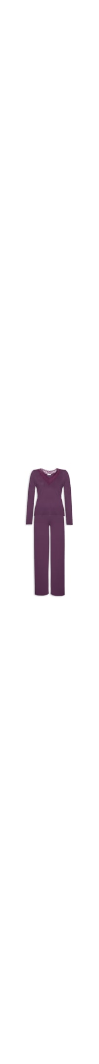 Pijama Feminino Longo Manga Longa Em Viscose Com Renda - Roxo