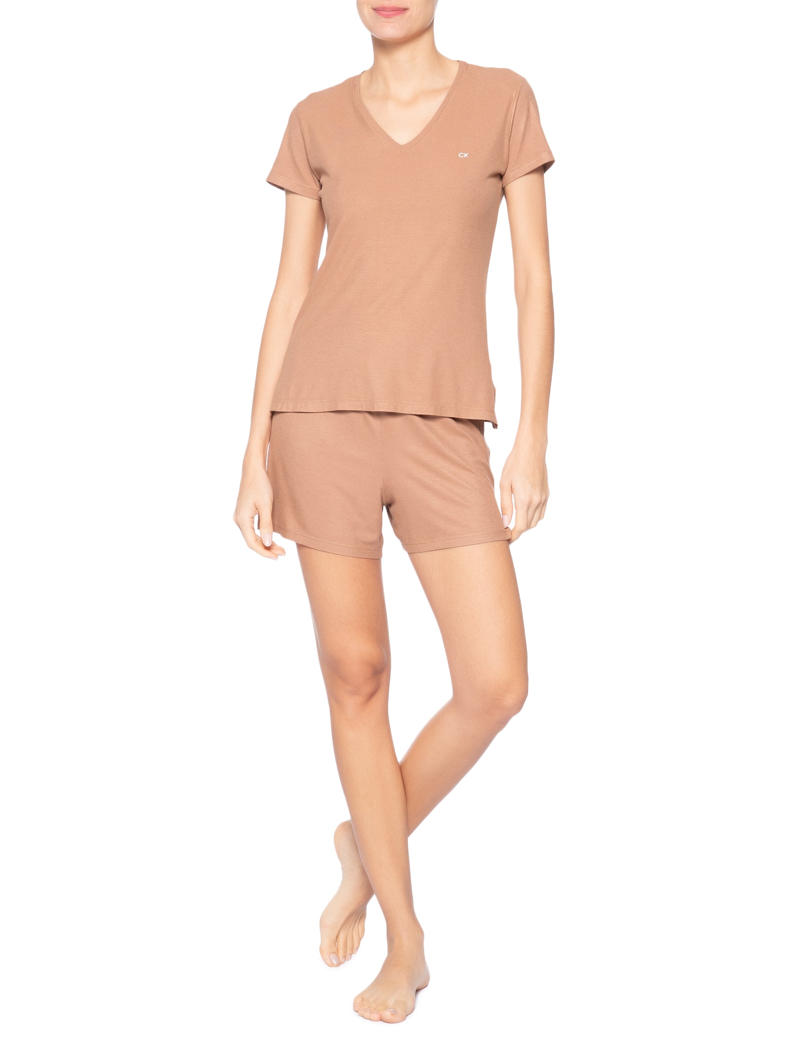Pijama Feminino M/C Short Visco Canelada Marrom Calvin Klein Underwear