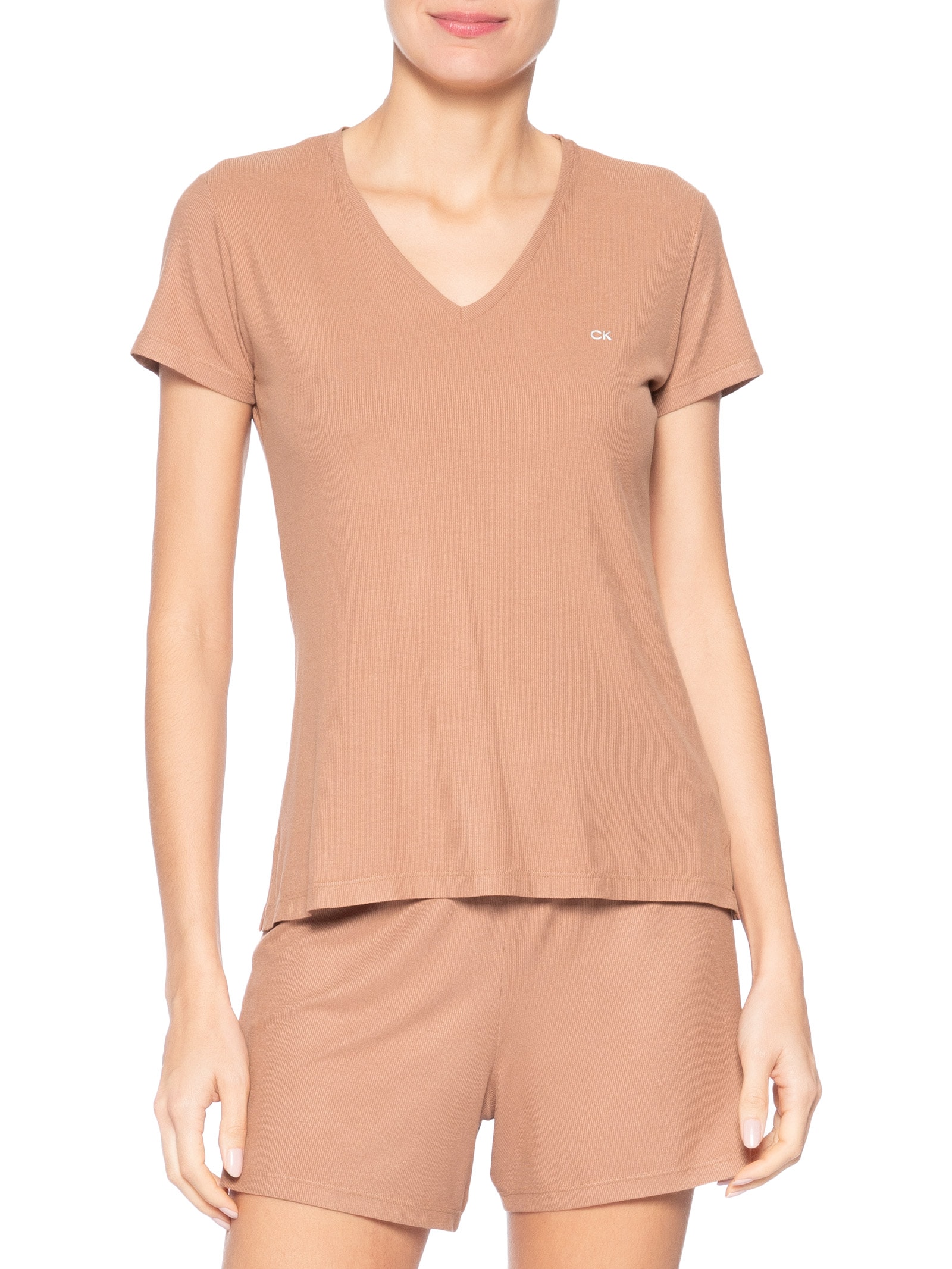 Pijama Feminino M/C Short Visco Canelada Marrom Calvin Klein Underwear