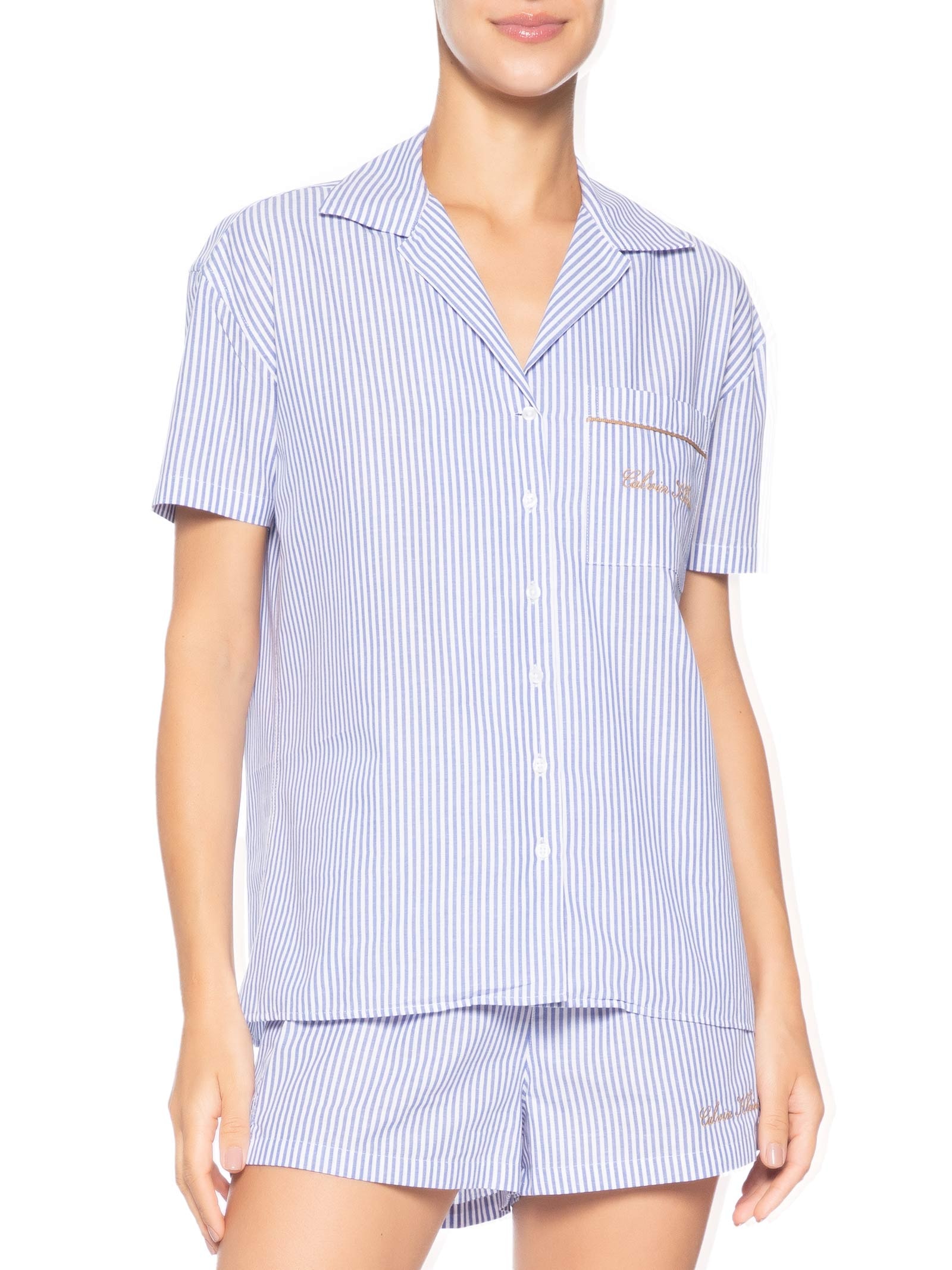 Pijama Feminino Manga Curta Botões Shorts Azul Calvin Klein Underwear