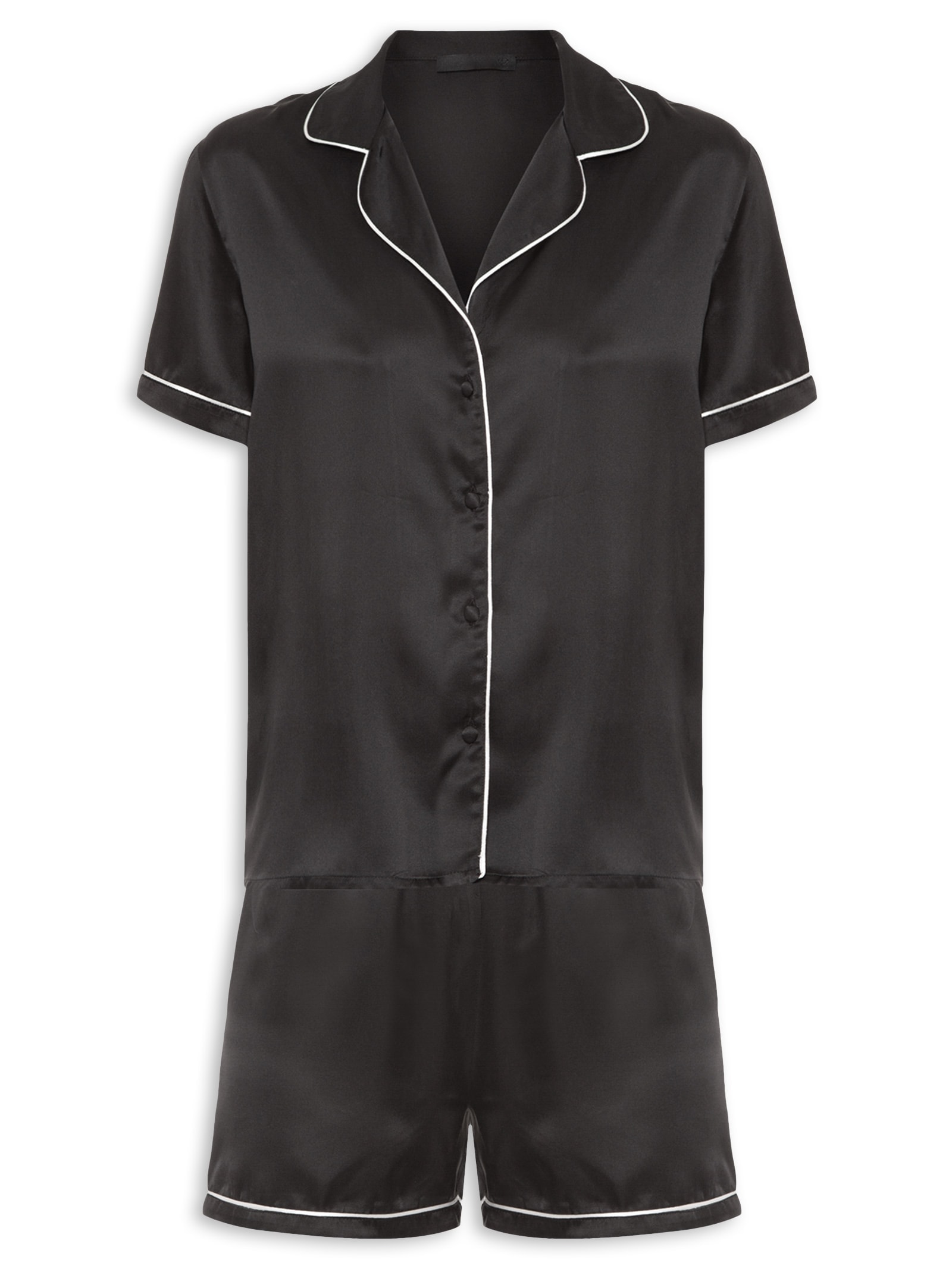 Pijama Feminino Manga Curta De Seda Pura Preto '2Essential