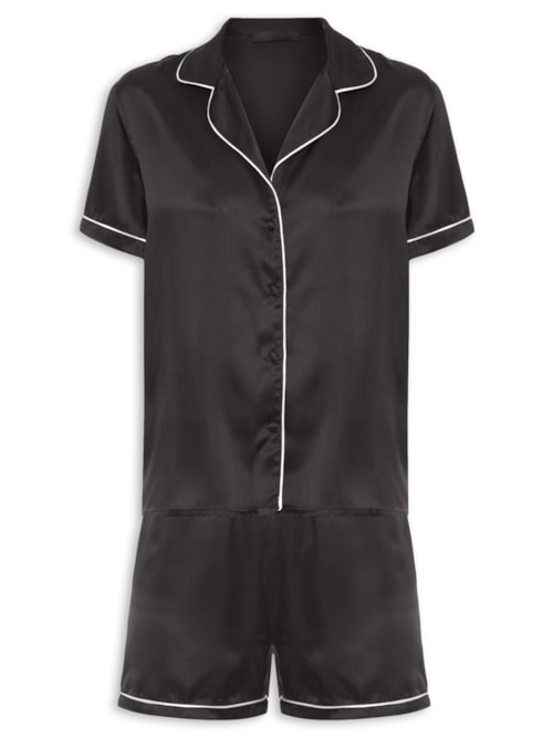 Pijama Feminino Manga Curta De Seda Pura - Preto
