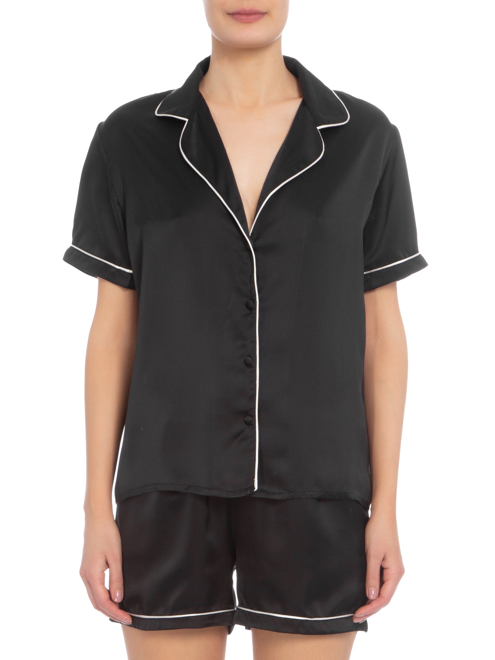 Pijama Feminino Manga Curta De Seda Pura Preto '2Essential