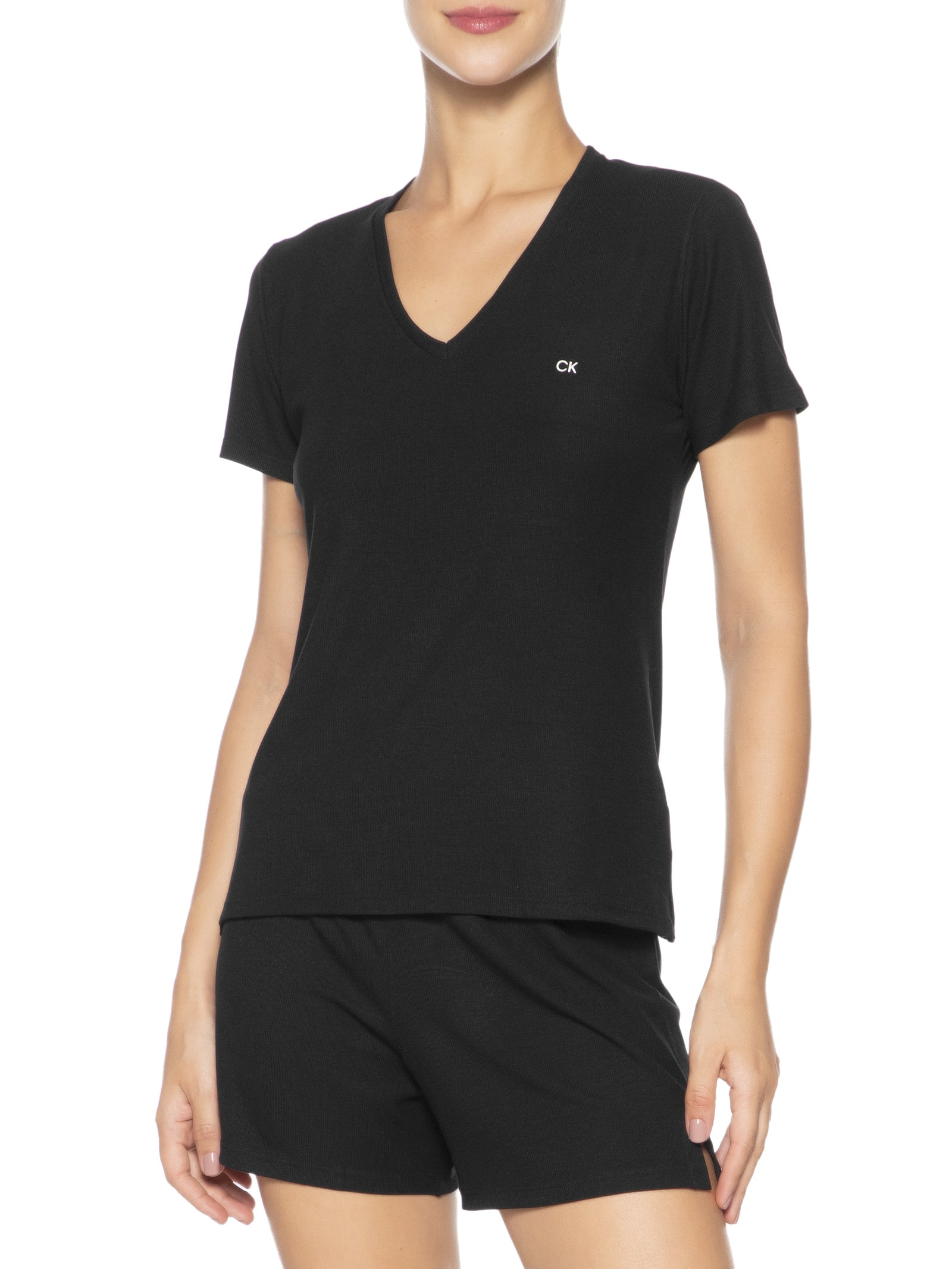 Pijama Feminino Manga Curta Short Visco Canelada Preto Calvin Klein Underwear