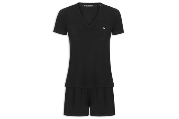 Pijama Feminino Manga Curta Short Visco Canelada - Preto
