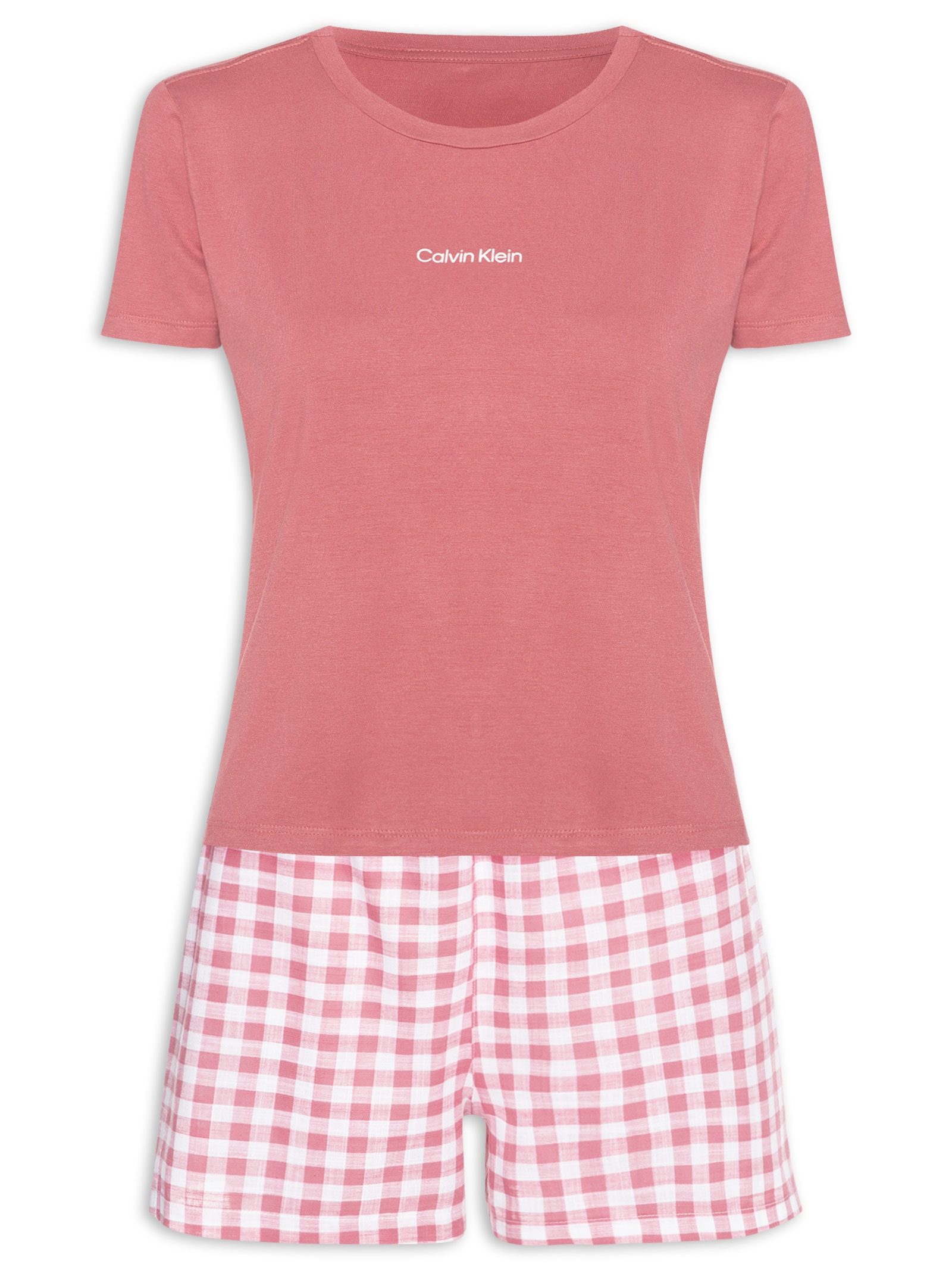 Pijama Feminino Manga Curta Shorts Xadrez Rosa Calvin Klein Underwear