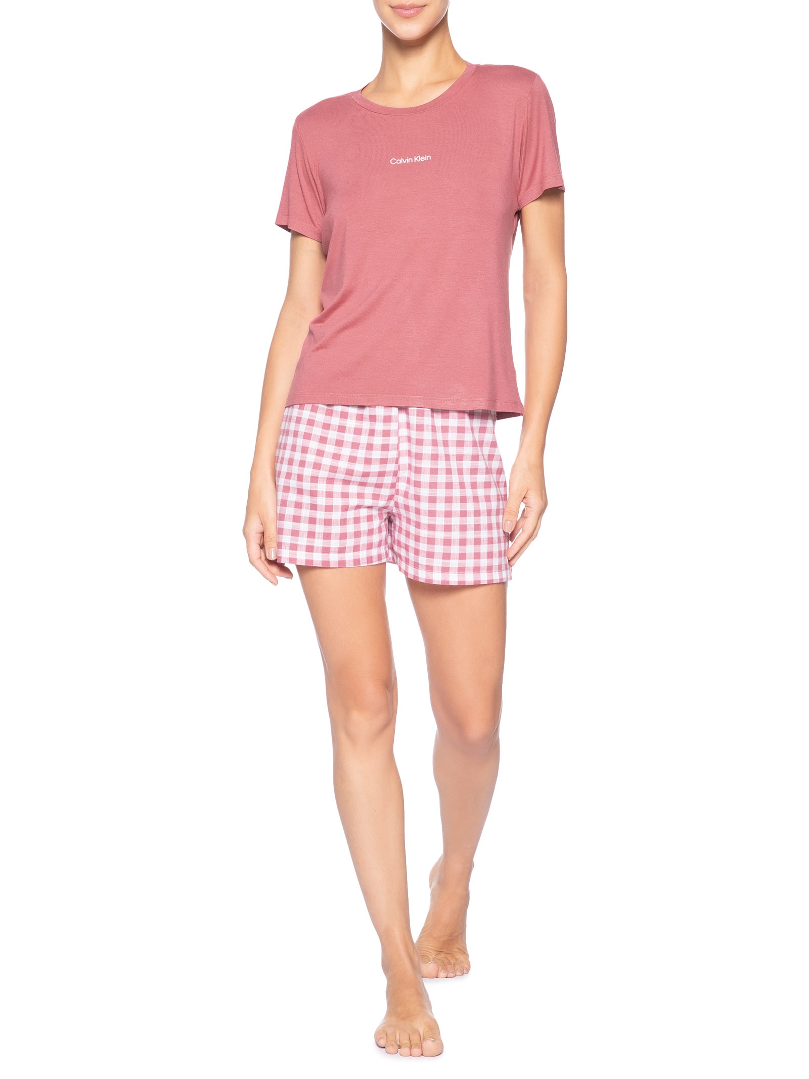 Pijama Feminino Manga Curta Shorts Xadrez Rosa Calvin Klein Underwear