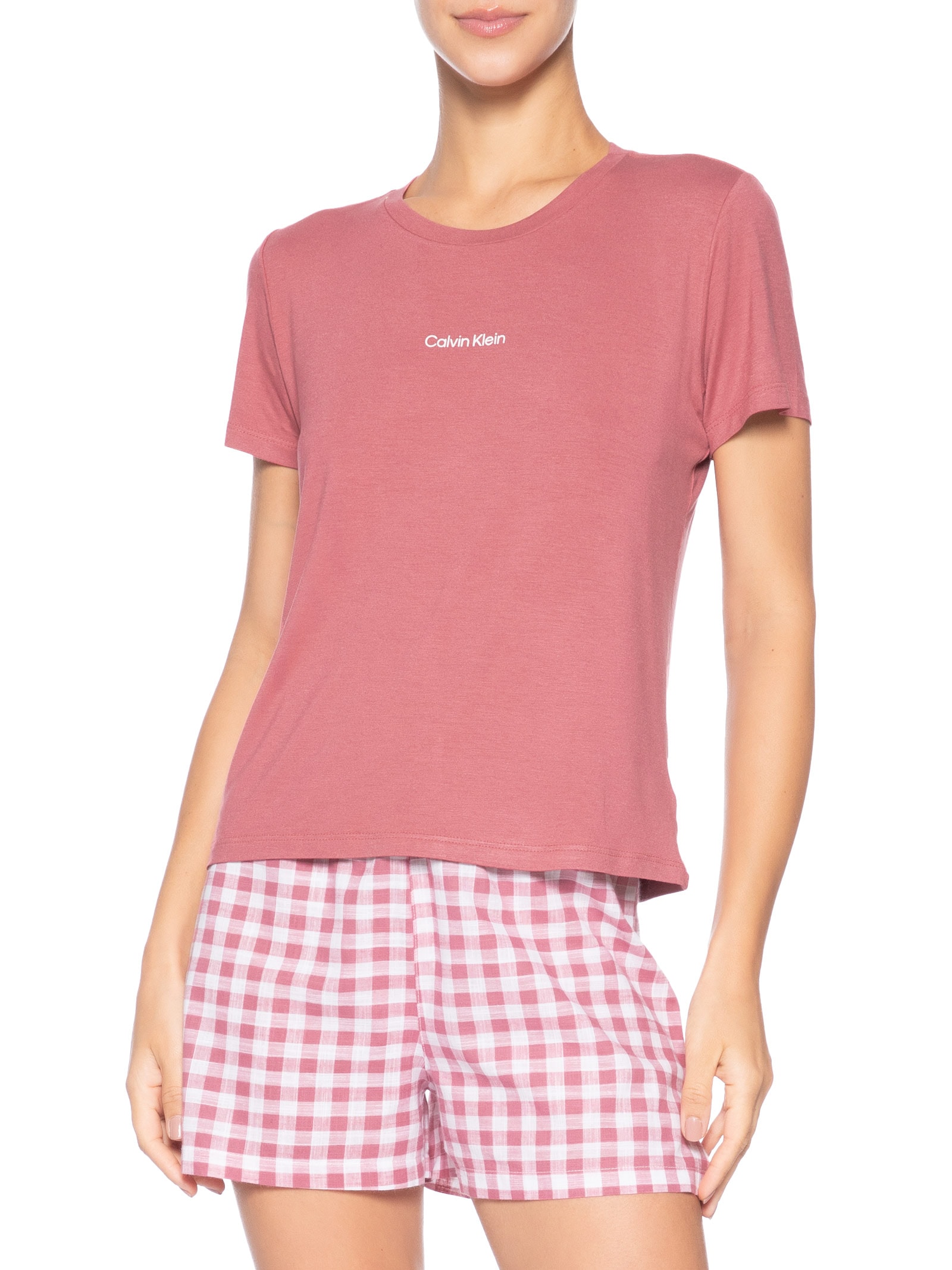 Pijama Feminino Manga Curta Shorts Xadrez Rosa Calvin Klein Underwear