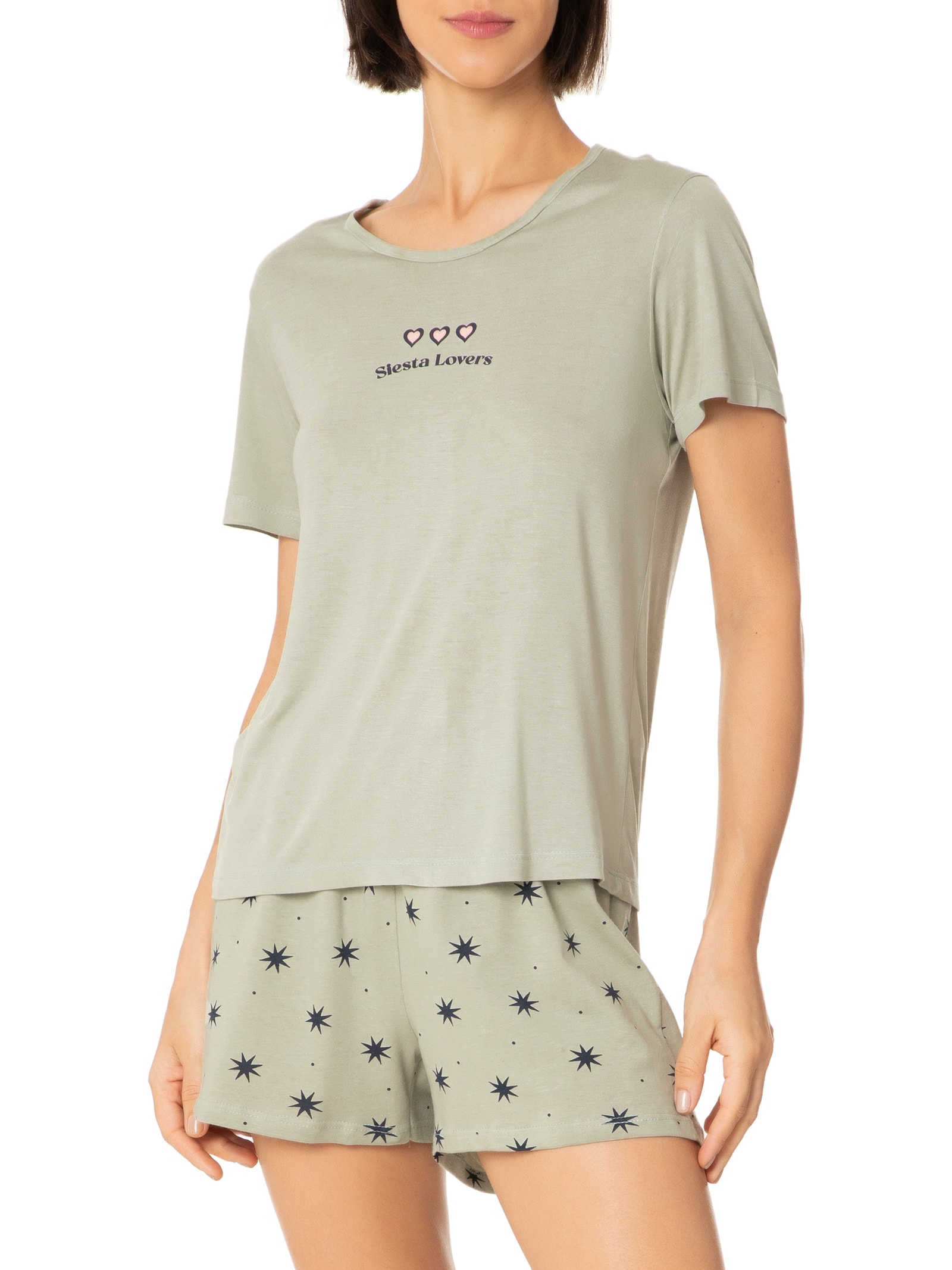 Pijama Feminino Manga Curta Verde Hering Intimates