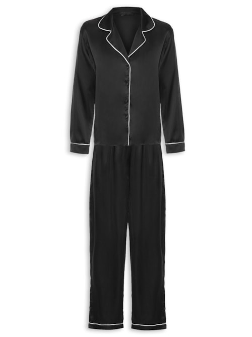Pijama Feminino Manga Longa de Seda Pura - Preto