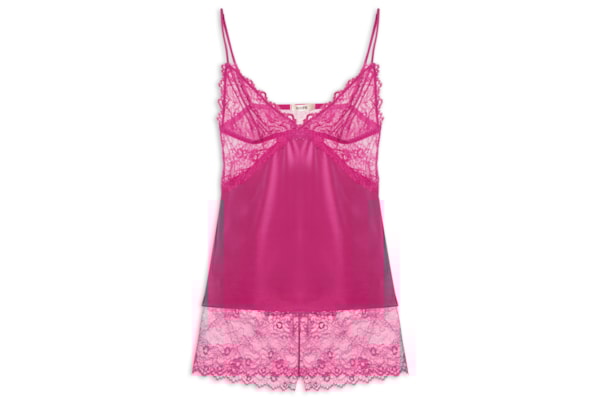 Pijama Feminino Short Doll Alças Finas Em Microfibra E Renda Carmen - Rosa