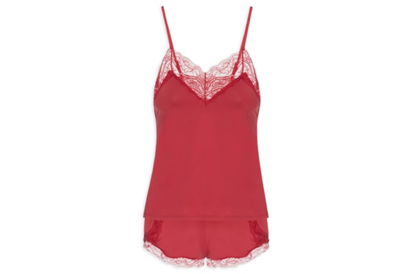 Pijama Feminino Short Doll Alcas Finas Em Renda  - Vermelho