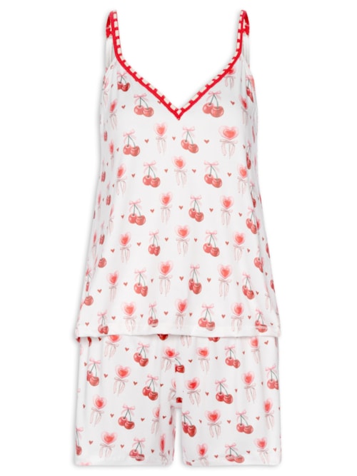 Pijama Feminino Shortdoll Malha Love Cherry - Branco