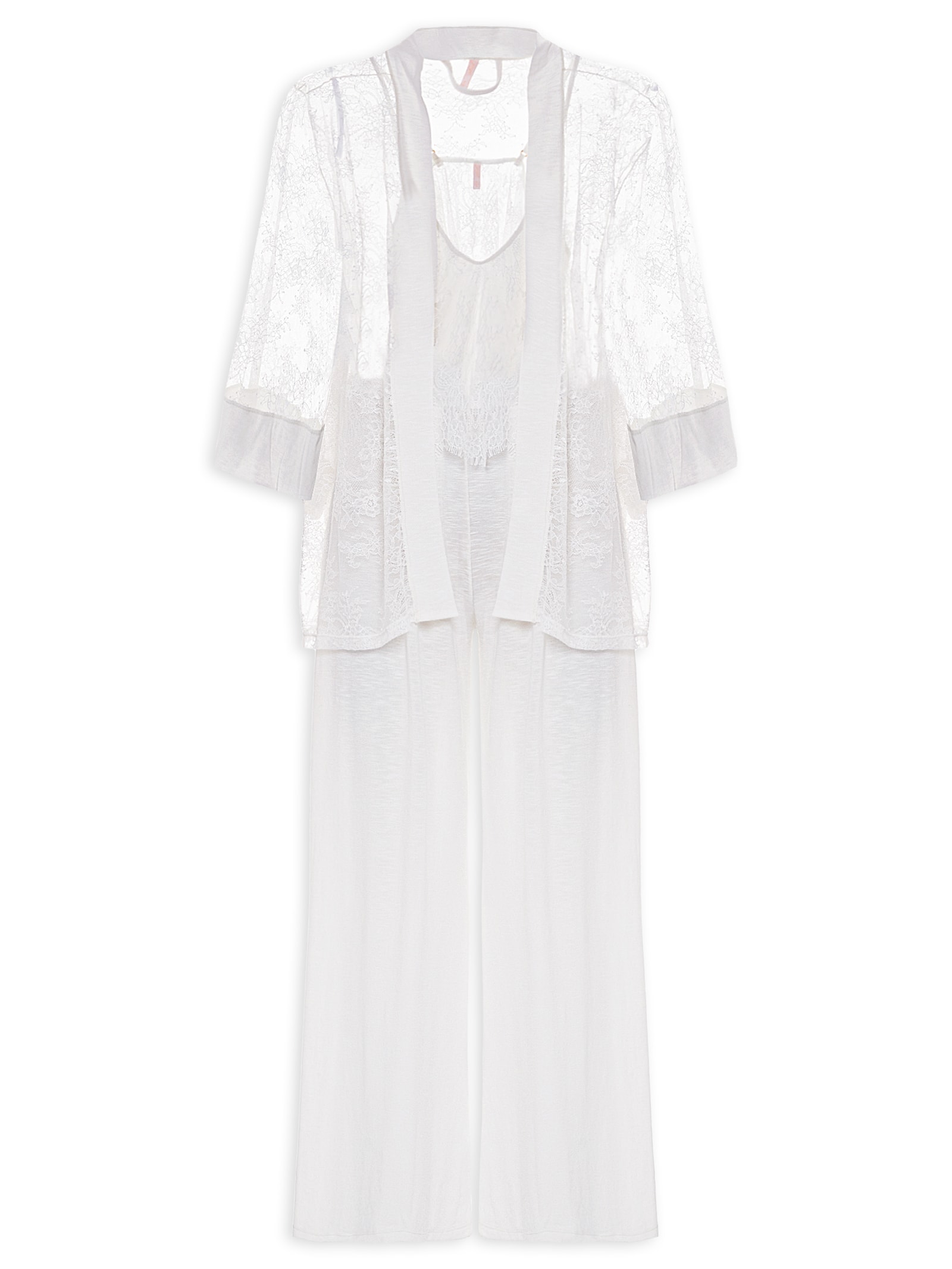 Pijama Longo Trio Renda Feminino Almar  – Branco Jogê