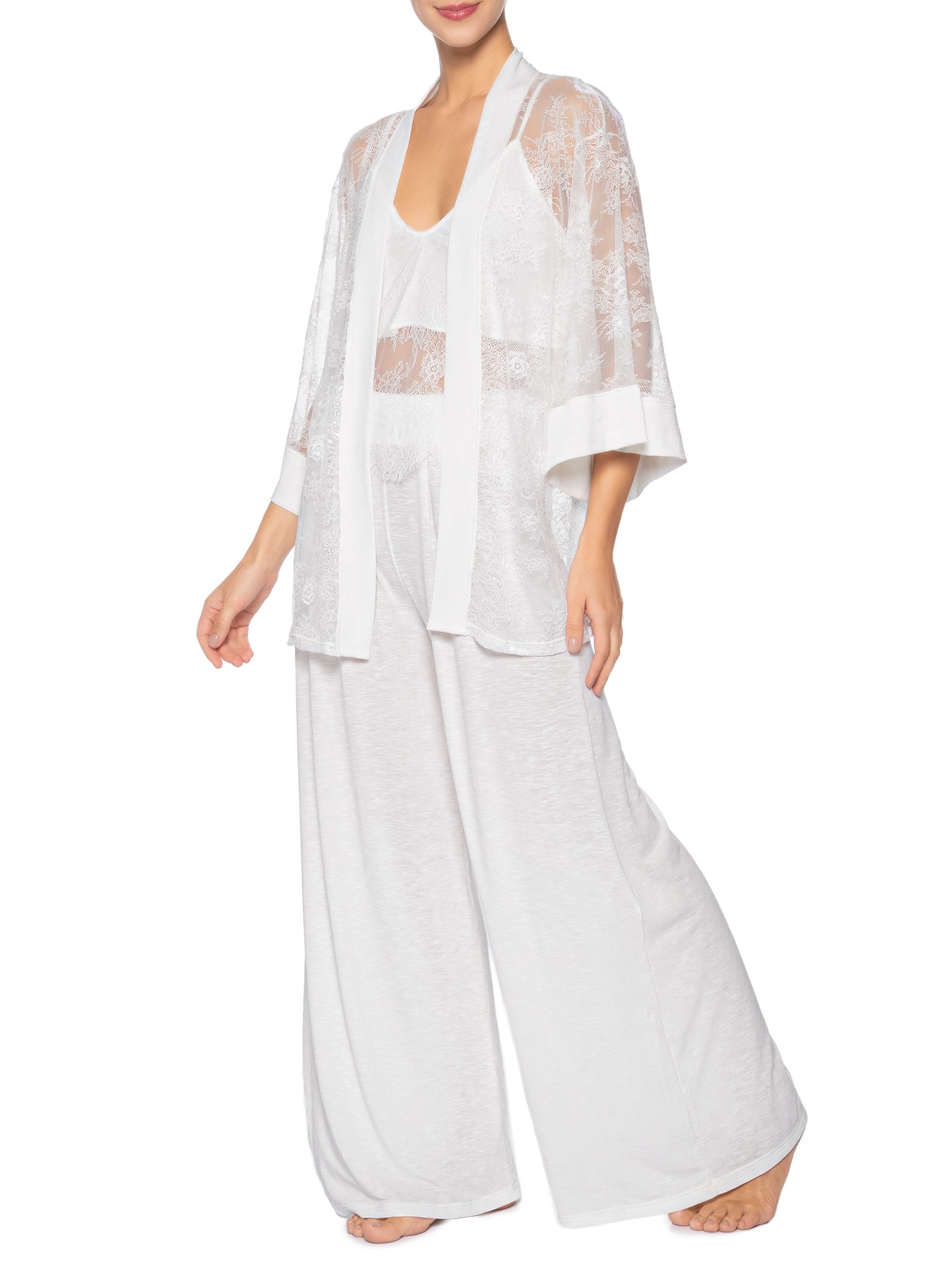 Pijama Longo Trio Renda Feminino Almar  – Branco Jogê