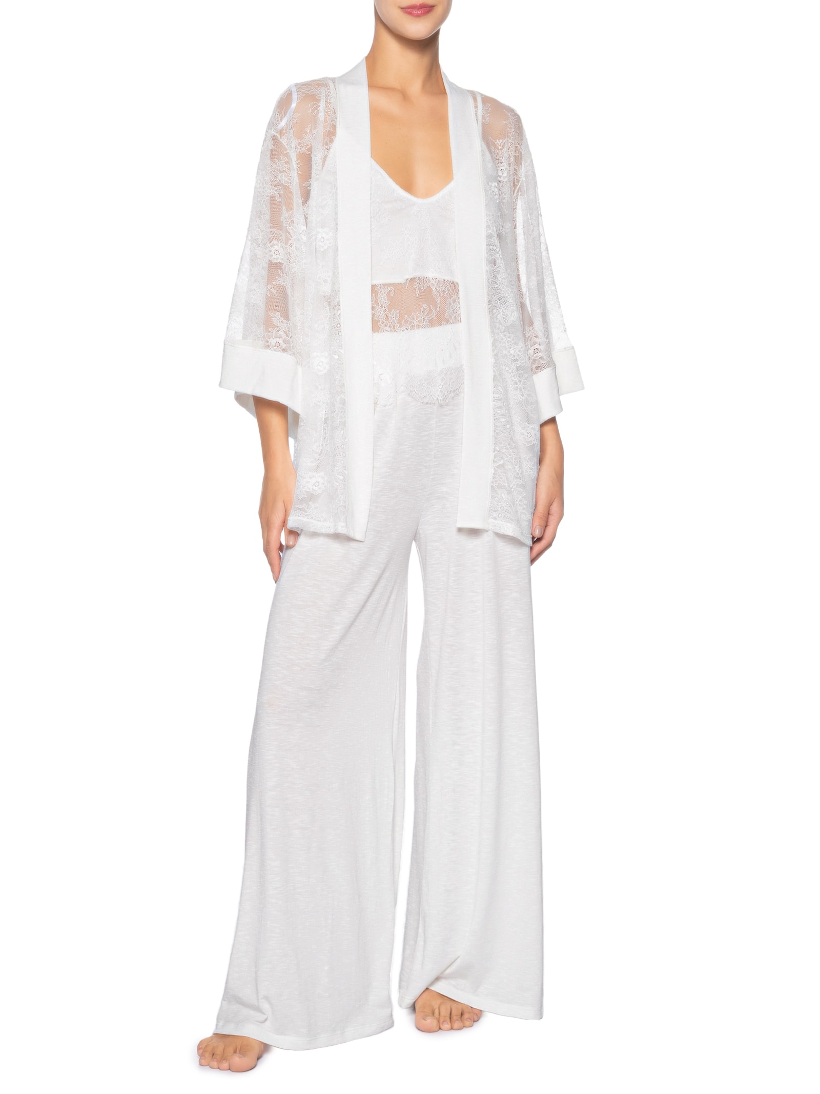 Pijama Longo Trio Renda Feminino Almar  – Branco Jogê