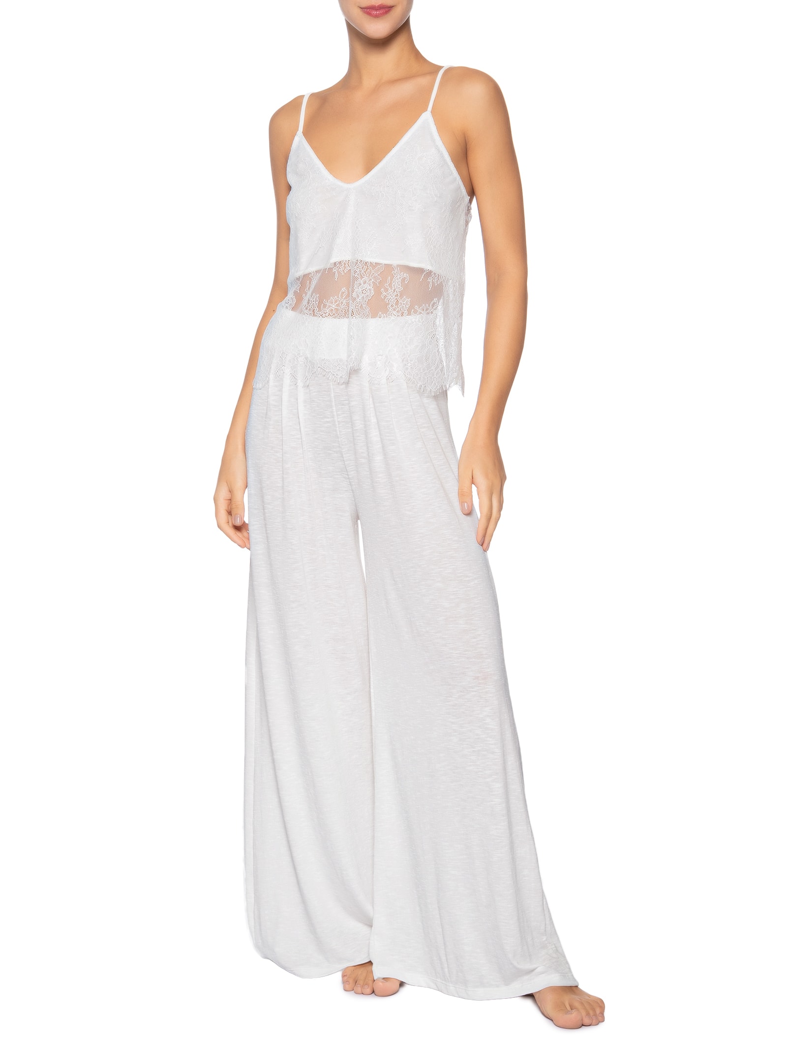 Pijama Longo Trio Renda Feminino Almar  – Branco Jogê