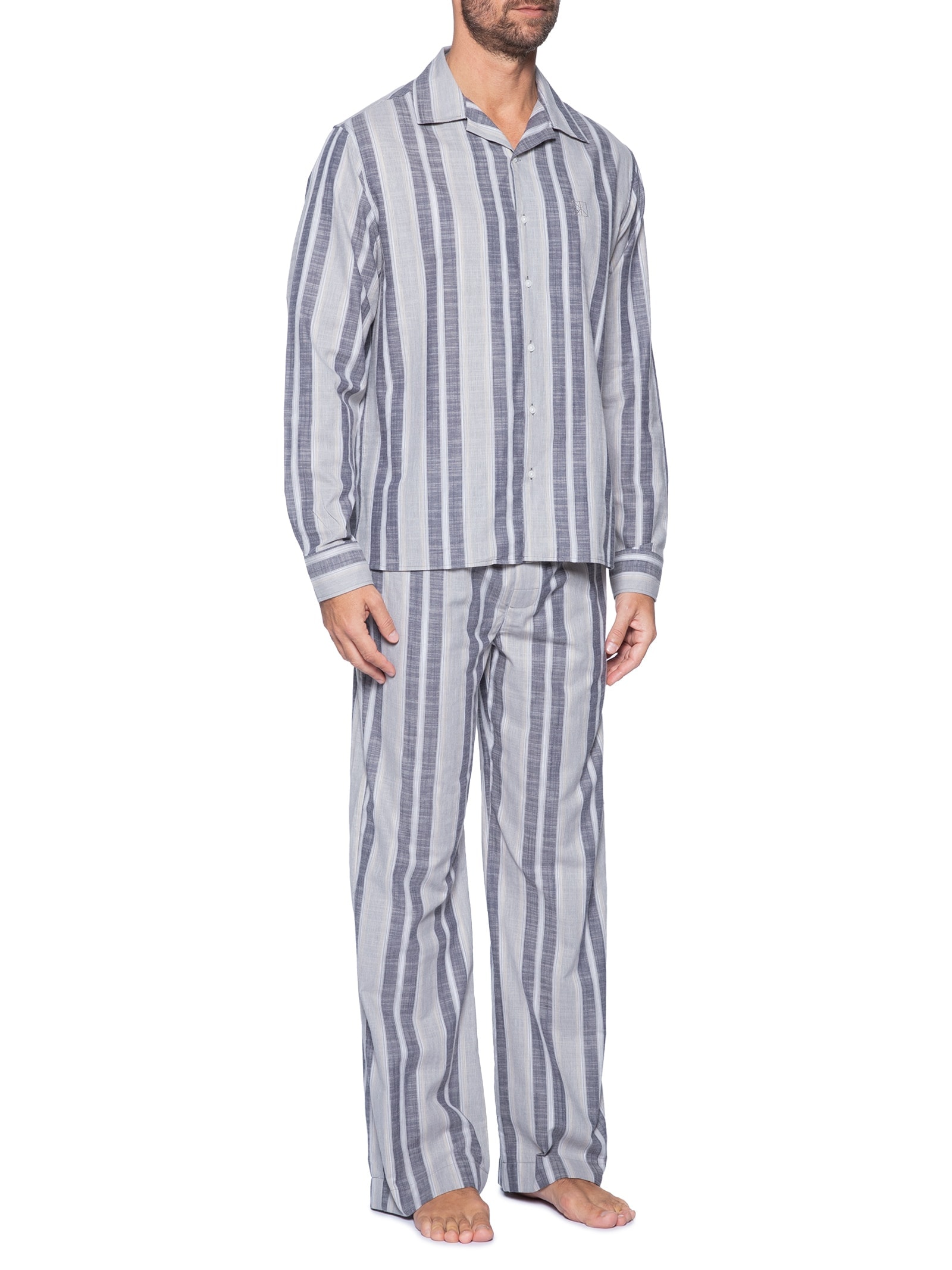 Pijama Masculino Camisa Com Calça Tricoline Cinza Calvin Klein Underwear