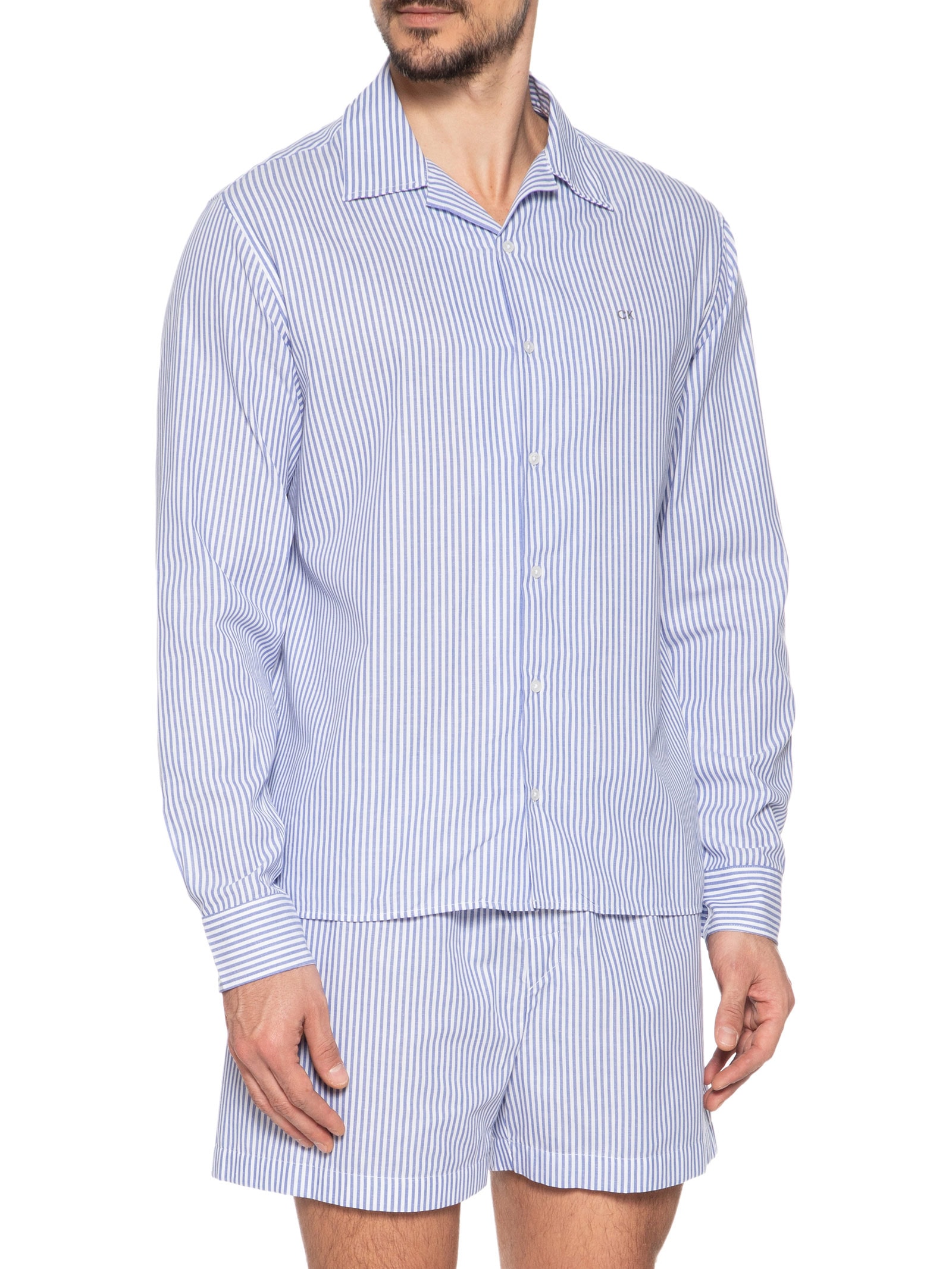 Pijama Masculino Camisa Em Botões E Bermuda Azul  Calvin Klein Underwear