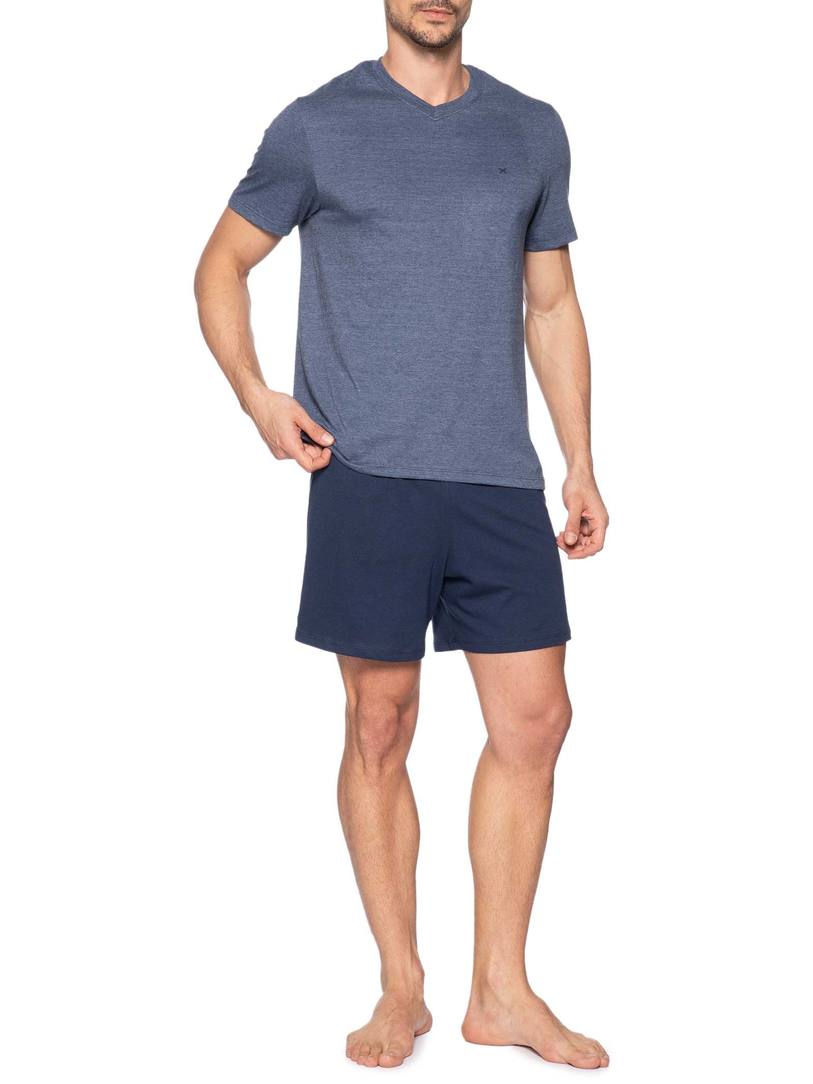 Pijama Masculino Decote V Logo Peixinho Em Algodão Azul Hering Intimates