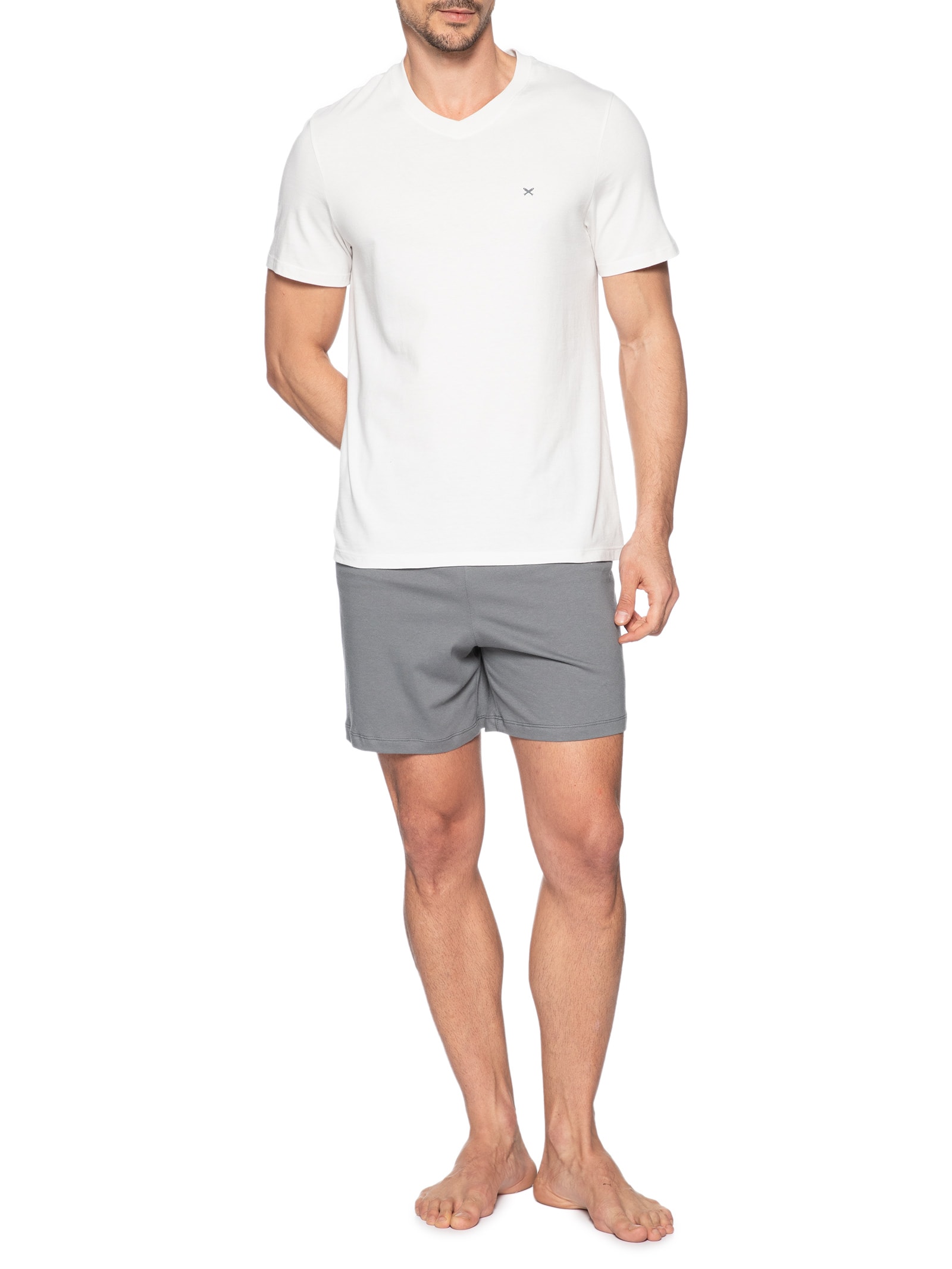 Pijama Masculino Decote V Logo Peixinho Em Algodão Cinza Hering Intimates