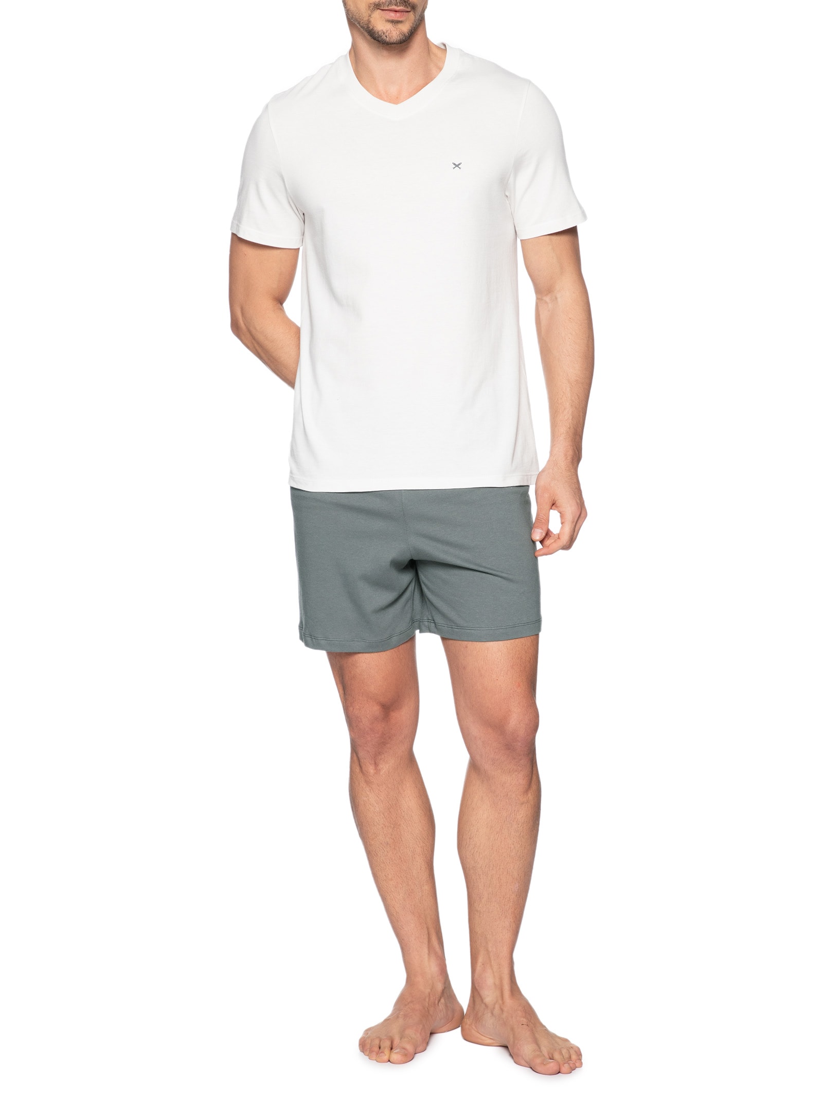 Pijama Masculino Decote V Logo Peixinho Em Algodão Cinza Hering Intimates