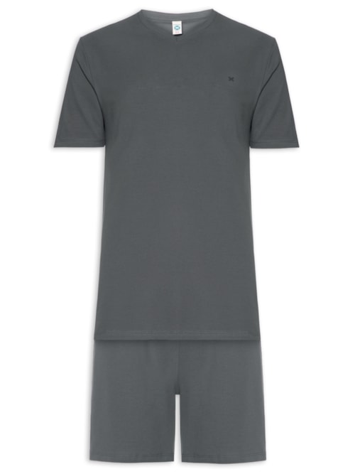 Pijama Masculino Decote V Logo Peixinho Em Piquet Premium - Cinza