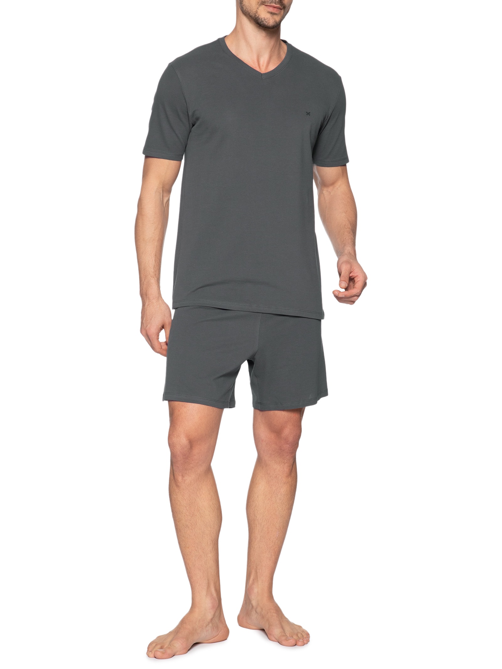 Pijama Masculino Decote V Logo Peixinho Em Piquet Premium Cinza Hering Intimates