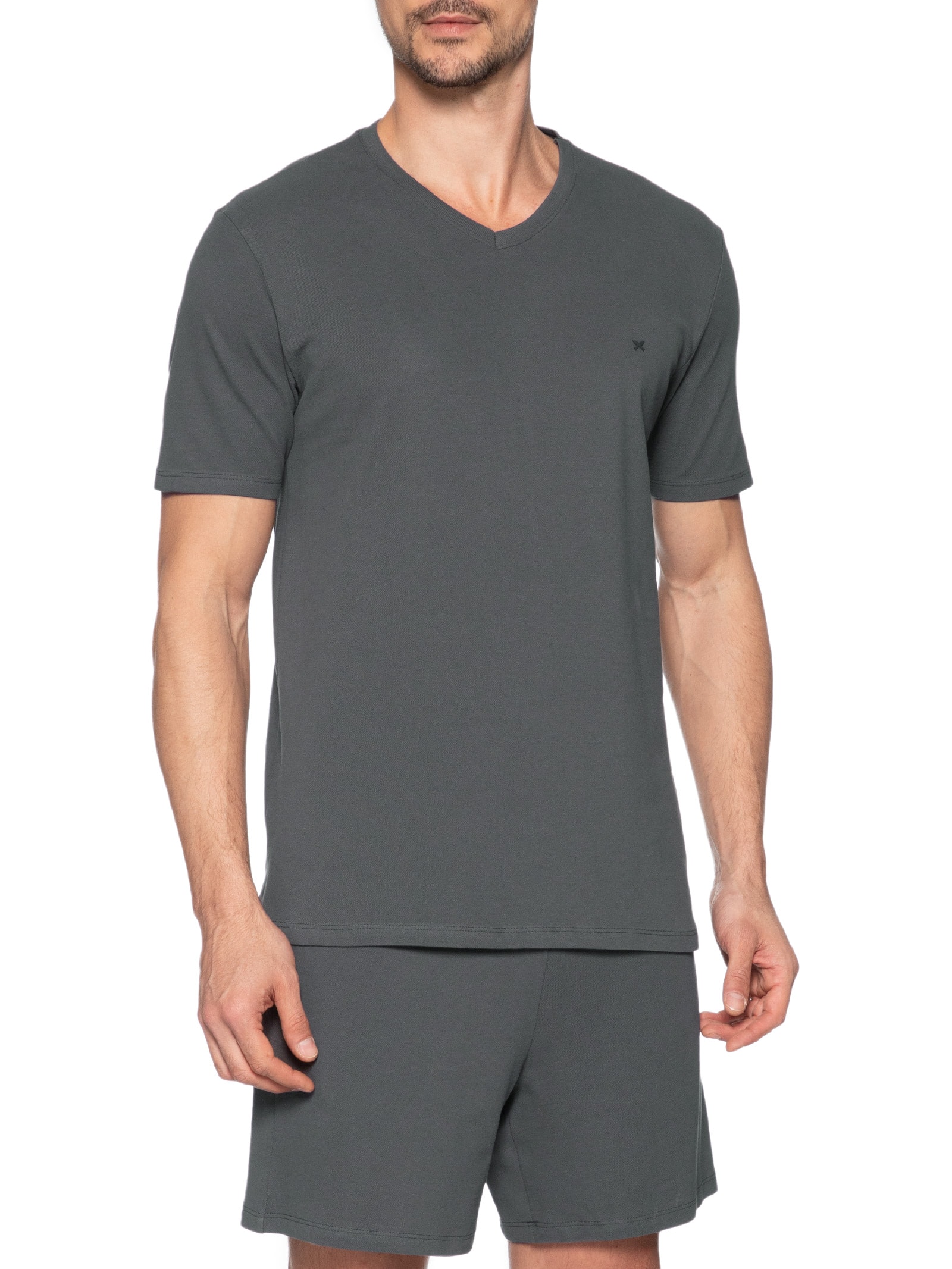 Pijama Masculino Decote V Logo Peixinho Em Piquet Premium Cinza Hering Intimates