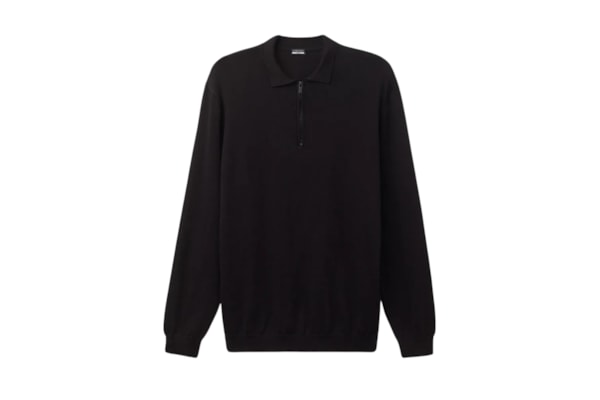 Polo De Manga Comprida Em Algodão Com Zíper - Preto