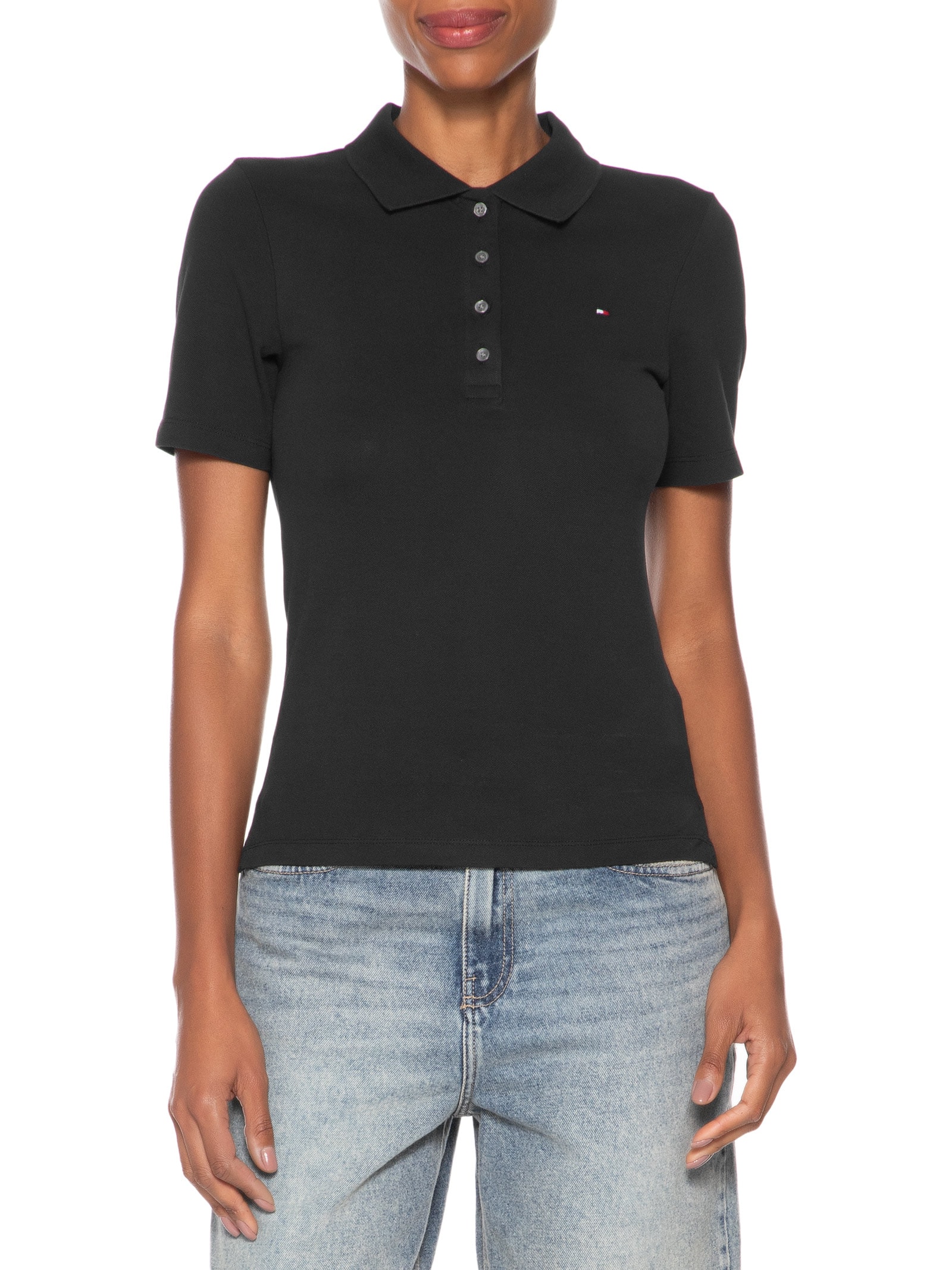 Polo Feminina 1985 Slim Piquet Preto Tommy Hilfiger