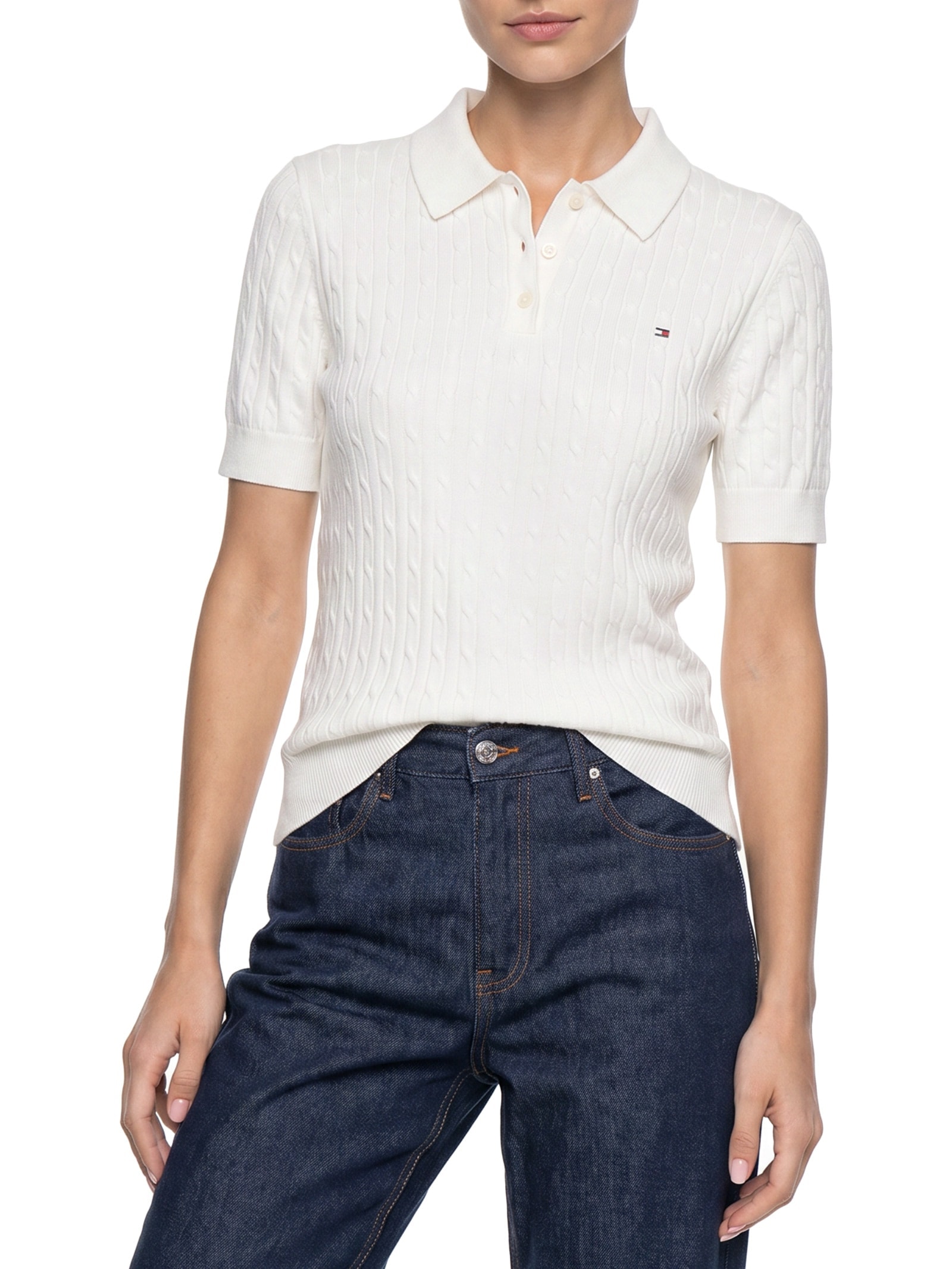 Polo Feminina Co Cable S/S NK Branco Tommy Hilfiger