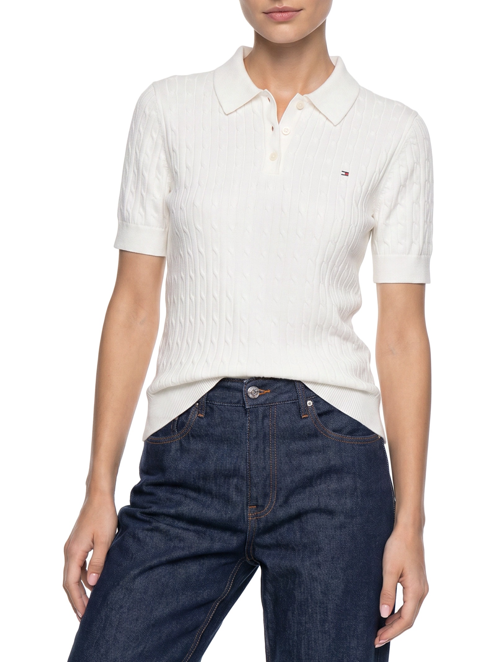 Polo Feminina Co Cable S/S NK Branco Tommy Hilfiger