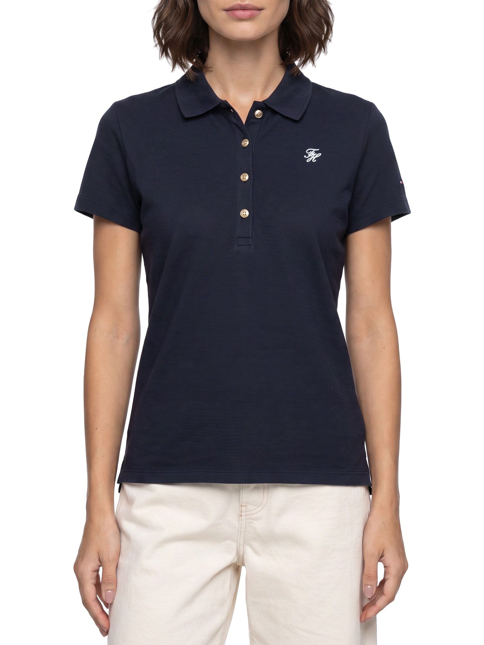 Polo Feminina Co Piquê S/S Script Azul Tommy Hilfiger