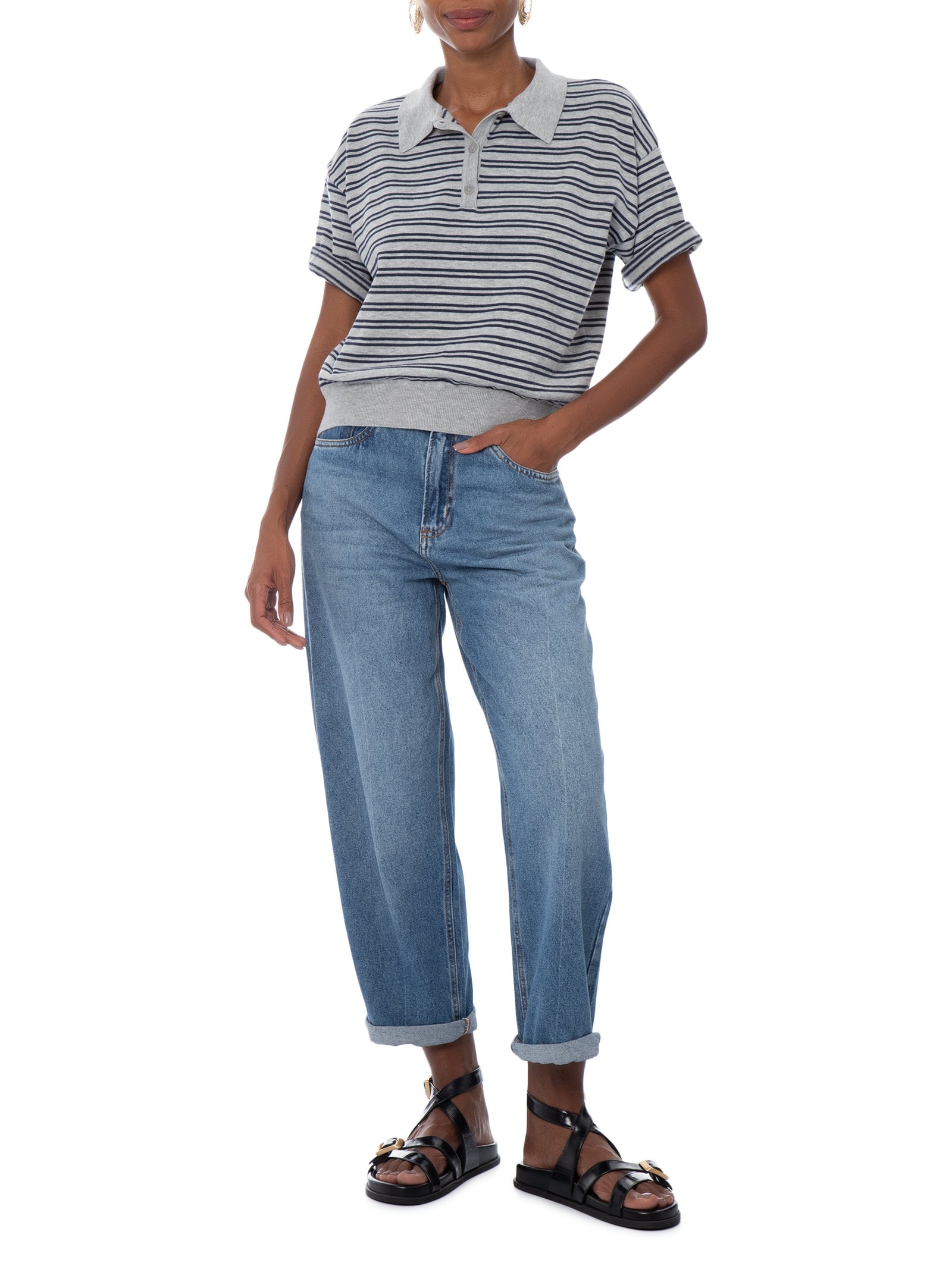 Polo Feminina Manga Curta Sara Ss Knit  Cinza Cotton On