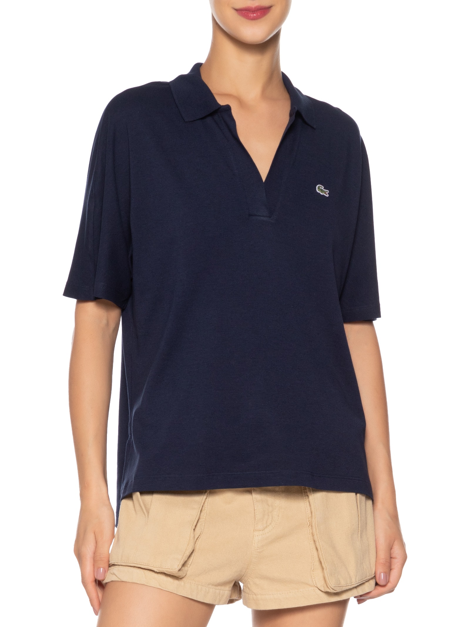 Polo Feminina Sem Botão Fluid Piquet Relaxed Fit Azul Lacoste