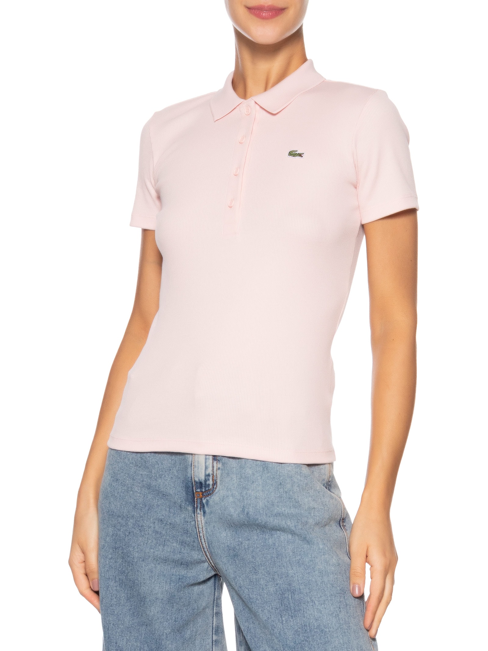 Polo Feminina Slim Fit Algodão Canelado Rosa Lacoste