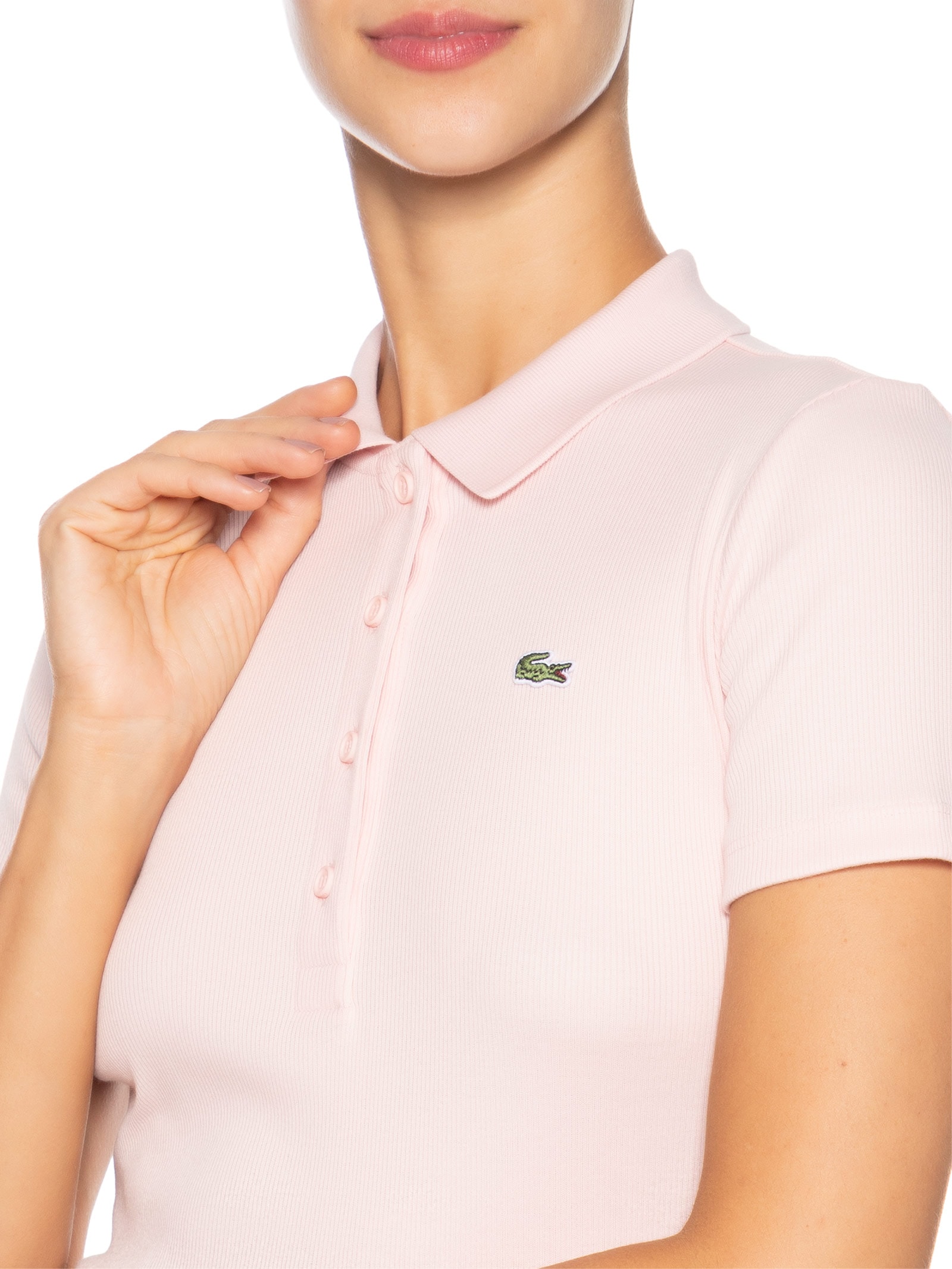 Polo Feminina Slim Fit Algodão Canelado Rosa Lacoste